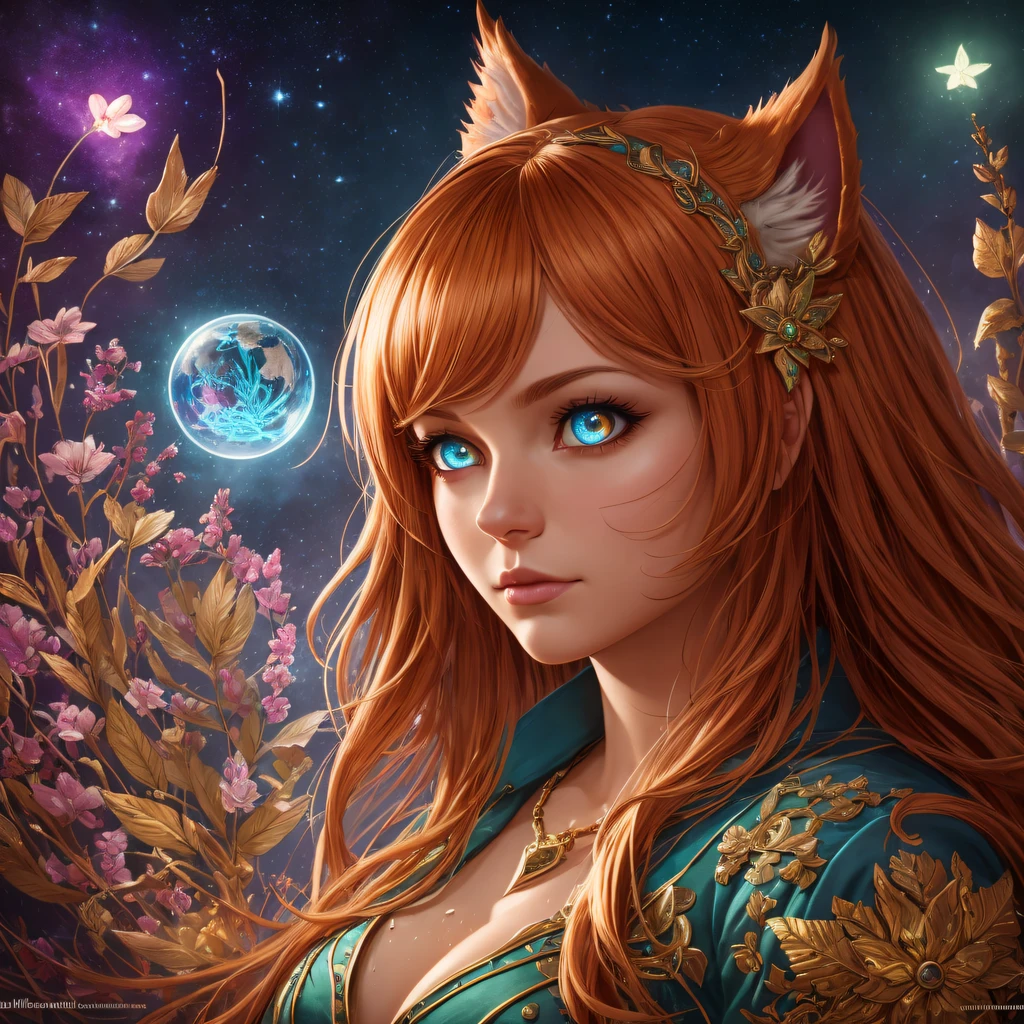 a ginger Ahri highly detailed, symmetric, luminism, dark shot, a dark night magical forest atmosphere, octane render, a fairy dust, a bioluminescence, a purity, detailed face, greg rutkowski, lois van baarle, alphonse mucha, night, maximalism, rococo, global illumination, luminism, detailed, intricate, fractal details, hyperdetailed, a cloths soaked in a brightly shining led stardust, warm colors, intricate details, volumetric, glaring eyes,