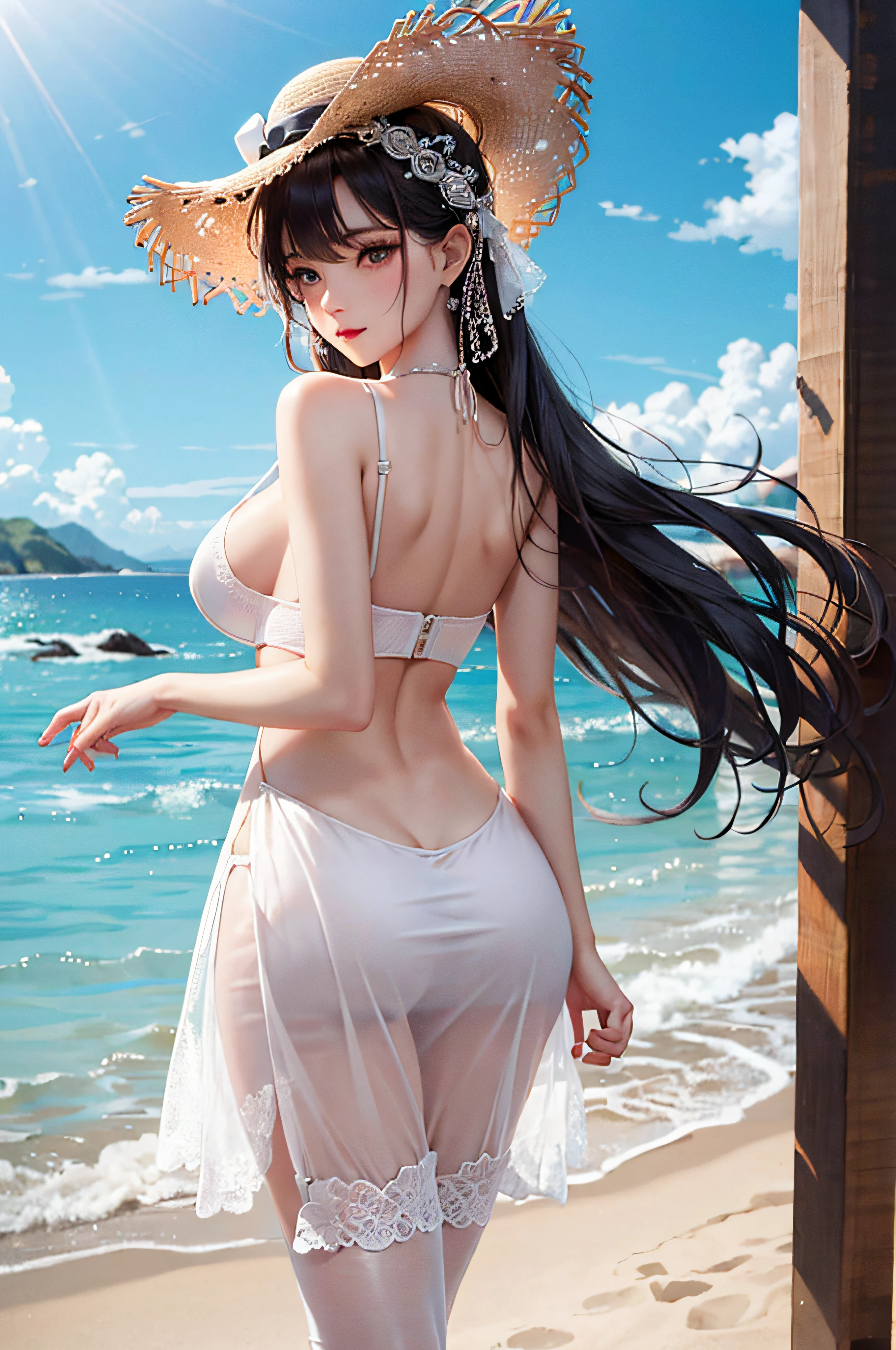 The Masterpiece,best qulity,8K,Detailed skin texture,Lifelike,Detailed cloth texture,Beautiful detail face,Intricate details,独奏,Ultra-detailed,Detailed hair strands,black long hair,Blushlush,(eye reflections:1.6),(smooth,Skin reflects light),Shiny skin,Pink skin,((tinta)),(Slim,Big straw hat,Translucent white openwork slip dress,No bra,Dynamic pose),((Medium breast):1.2,large legs),seaside,run,Look back,back