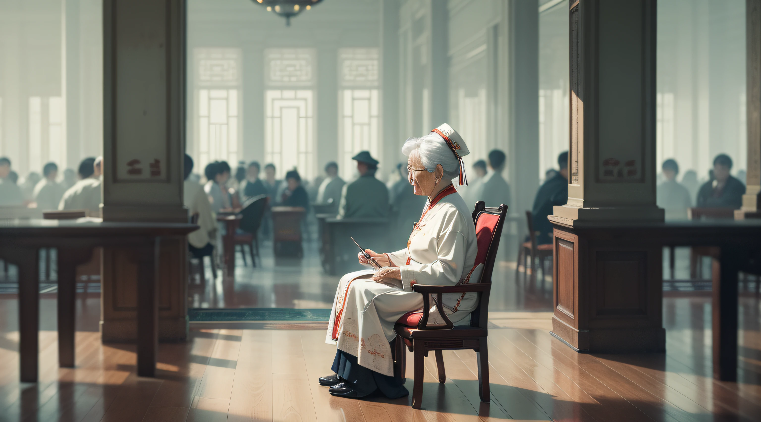 Grandma,Filial piety,Chinese style hall,sitting in chair,(It was full of people standing around),White tones,Spiritual Hall