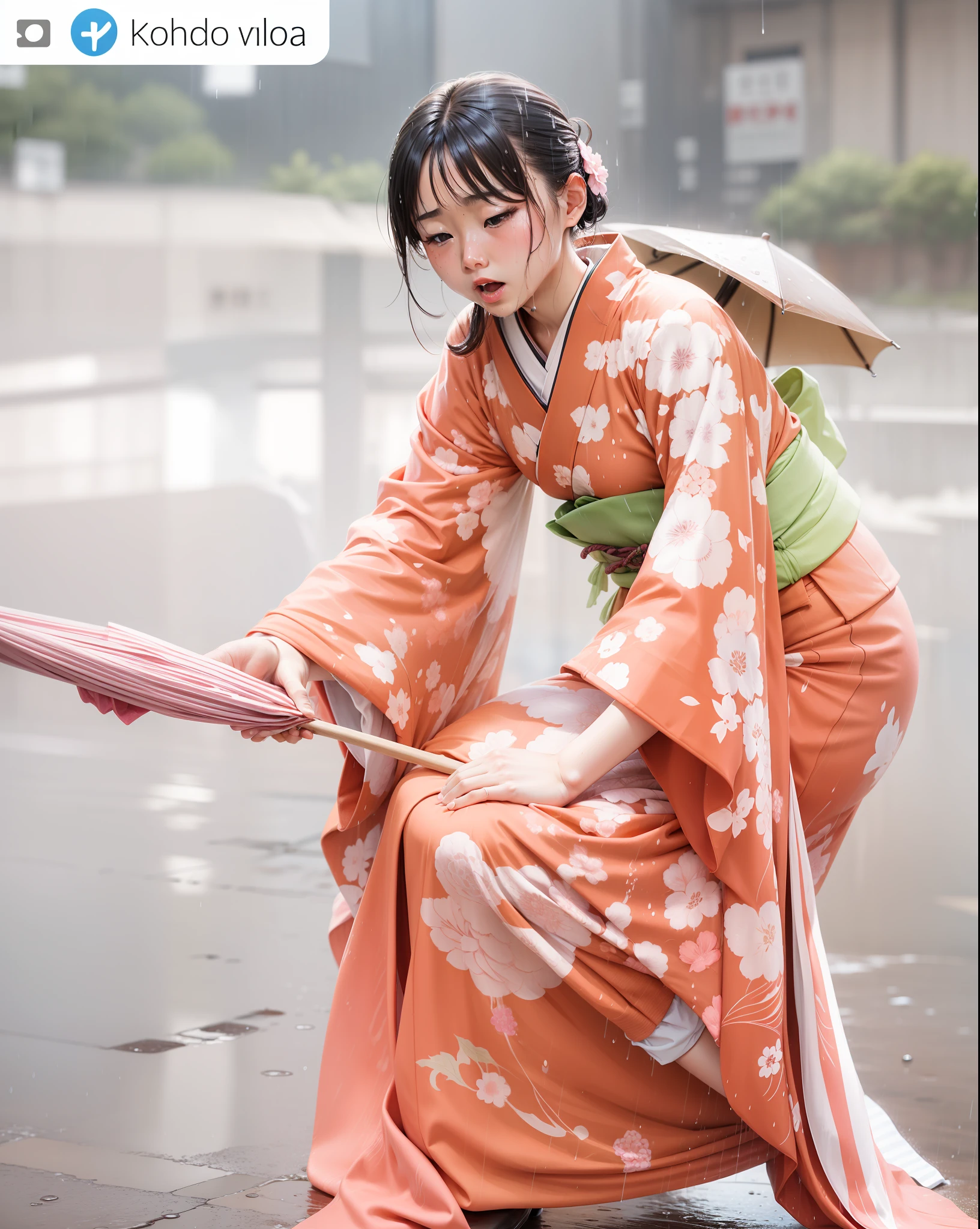 heavy raining、Kimono soaking wet、Rain dripping from kimono
