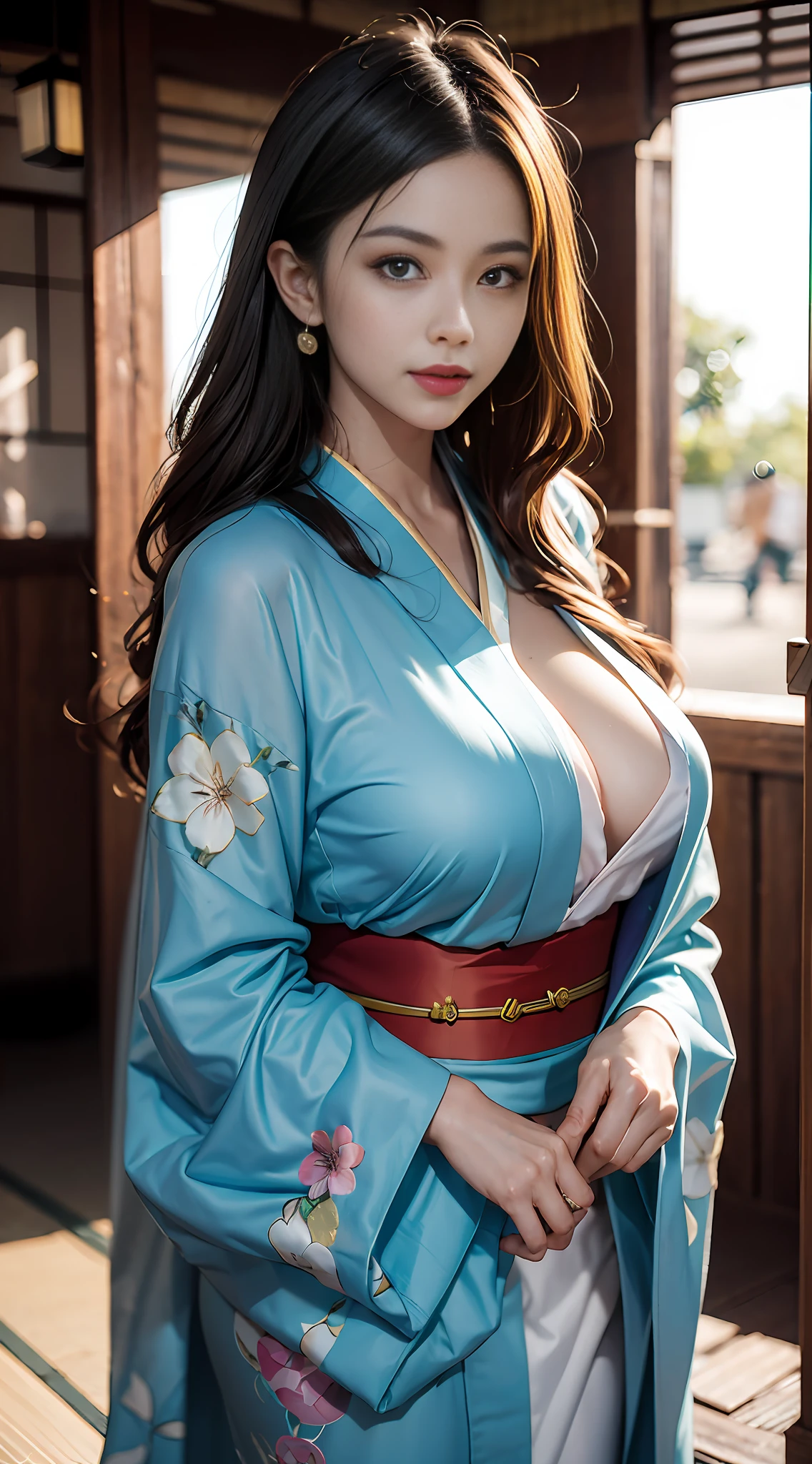 Top best Quality、pfotorealistic、8K、Highresolution、girl 1 person、woman with、(Dents in the skin)、(Professional lighting)、(kimono:1.74)、Luxury、(((big chest、narrow waist)))、(Girl looking at viewer one eye:1.54)、((Watching the viewer:1.6)) 、(is looking at the camera)、pfotorealistic、(bokeh feeling)、(dinamic pose:1.2)、masterwork、intricate、Realstic、sharpening Focus、award winning photography、Sorrisos
