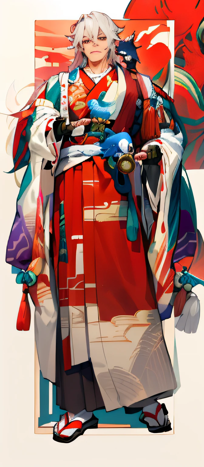 A close-up of a man in a kimono，There is a parrot on the shoulder, ((wearing aristocrat robe)), made with anime painter studio, flowing hair and long robes, concept art of comiket cosplay, full body white purple cloak, inspired by Nishikawa Sukenobu, in kimono, from sengoku period, anime full body illustration, touhou character，Robust muscles，red tinted hair
