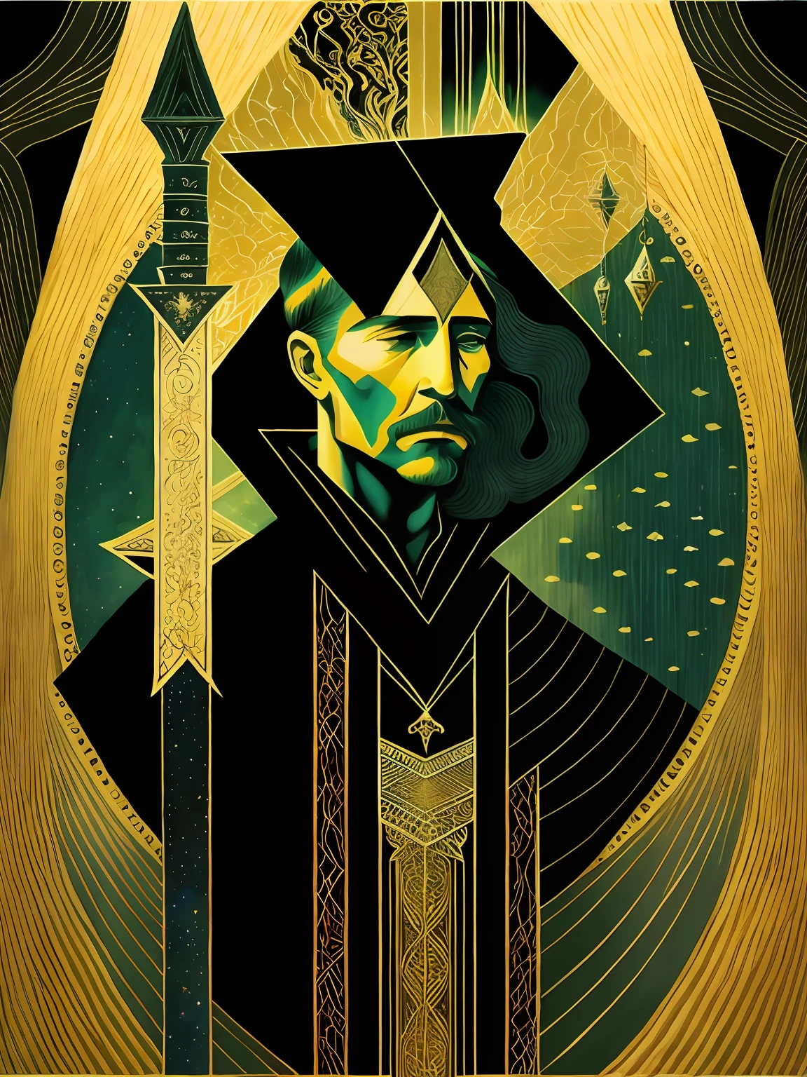 An asymmetrical tarot512 with the illustration of a [ a man human | Muscular | beserker | Connan ] [ hunt | god | Strength ] Bow and arrow as sacred symbol , A [ Kay Nielsen's | Anne Bachelier's ] Exouds-Style masterpiece in style-rustmagic CCDDA artstyle
