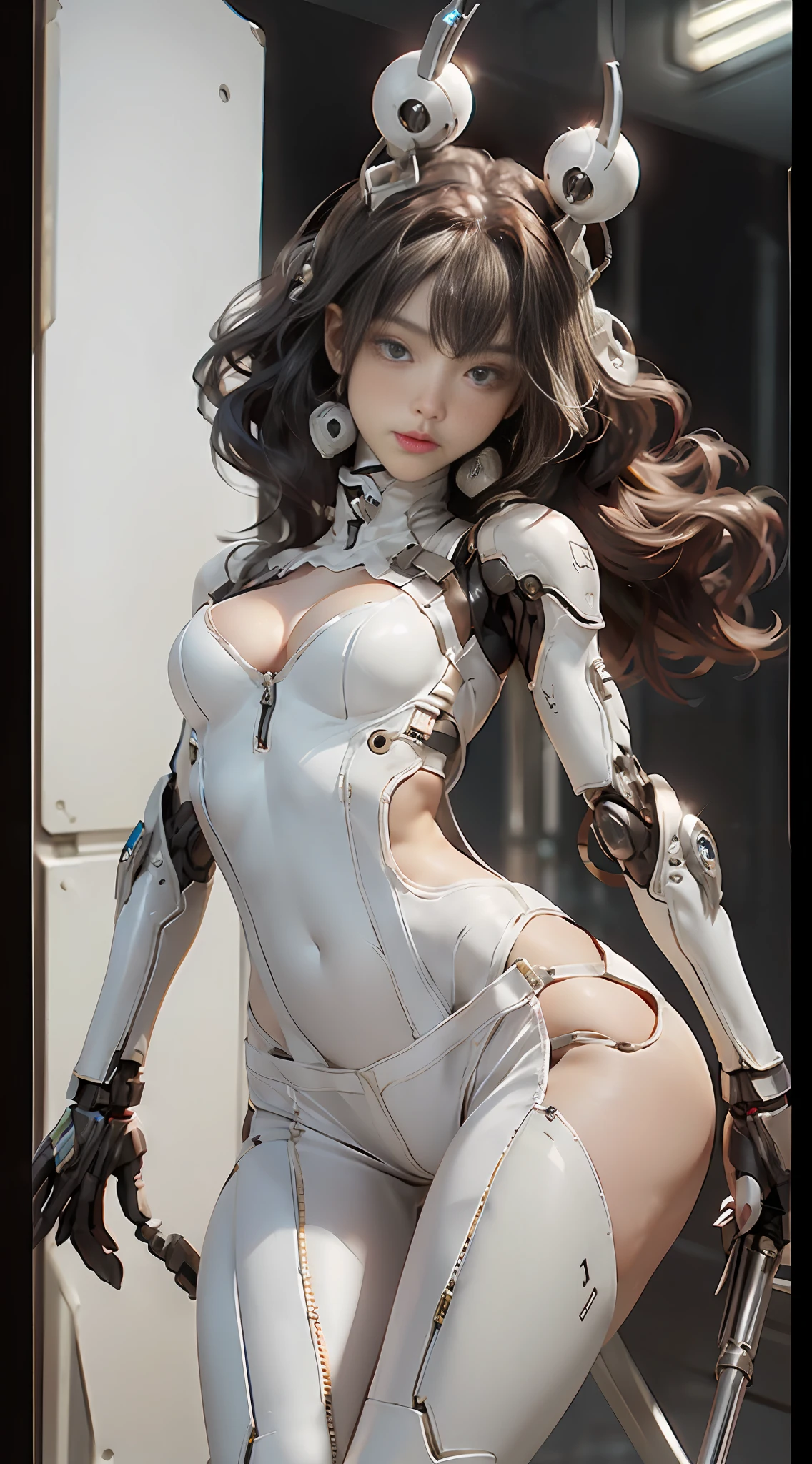 standing, mechanical city background, silver color, head and full body, Extremely cute human eighteen year old girl face, human torso, human huge boobs, human abdomen, human hips, mechanical arms, mechanical legs, arms and legs with hard white shiny shell and black joints, very beautiful and feminine, short, petite, small, small, busty buttocks, medium bust, cleavage display, flat belly display, partial helmet with antenna on the ear, black robot joints, very stylish, award-winning product design, black rubber tights, The shiny white metal breastplate opens at the cleavage and abdomen, the white metal buttocks are wrinkled, and the armor has stylish, glowing trims