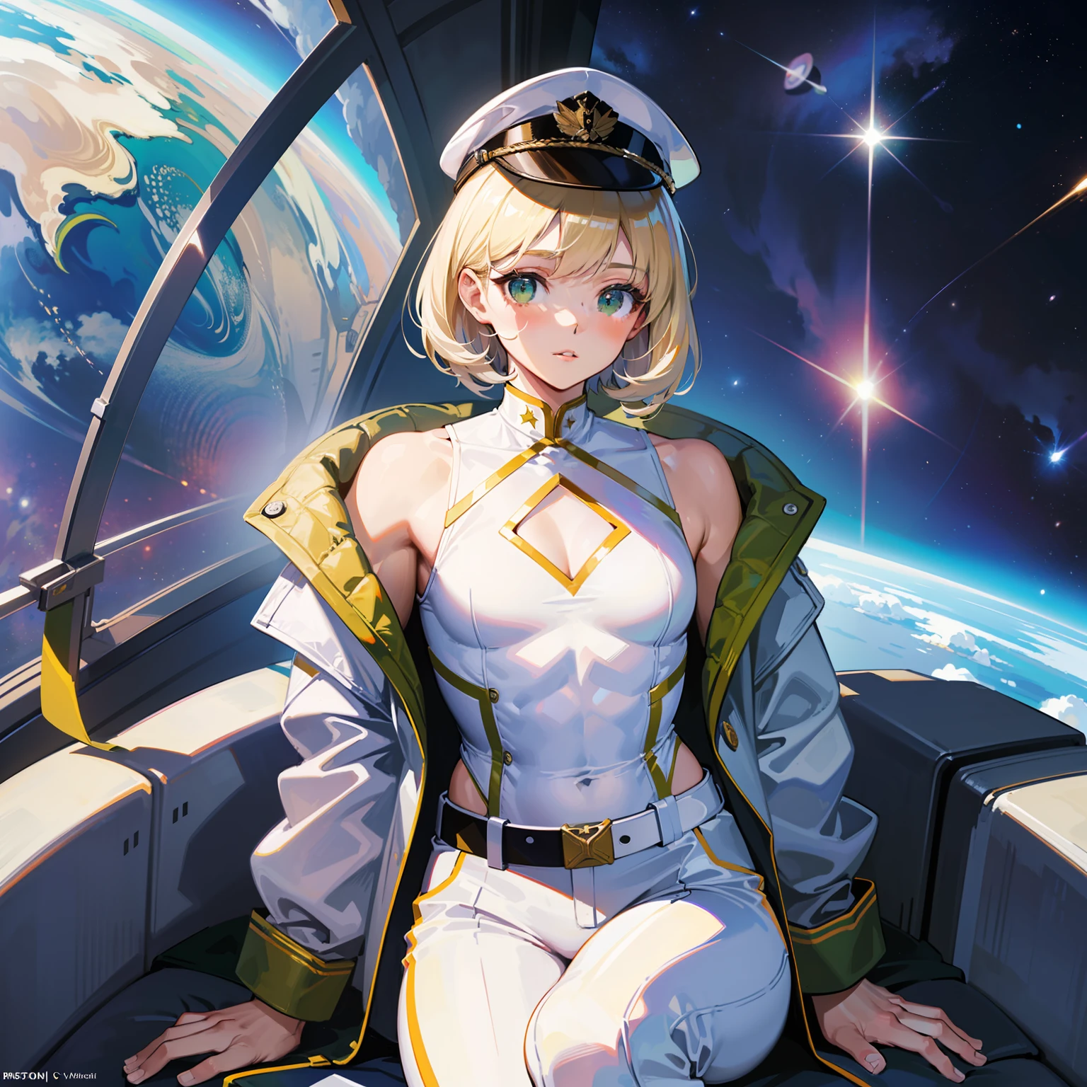 ((Masterpiece)), ((Highest Image Quality)), ((Best Quality)), (Illustration of One Girl), Full Body, 25 Years Old, (Neutral), Blonde, ((Short Hair)), ((Short Neckline)), Green Eyes, (Flat)), Small, (((Tall)), ((Muscular Strong Body)), (Army Uniform)), (Military Hat)), (Army Coat)), (White Clothes), (White Pants), (White Hat), Trench Coat, (( Inside the spaceship)), (outside the window, space, Earth seen from space, spaceport)