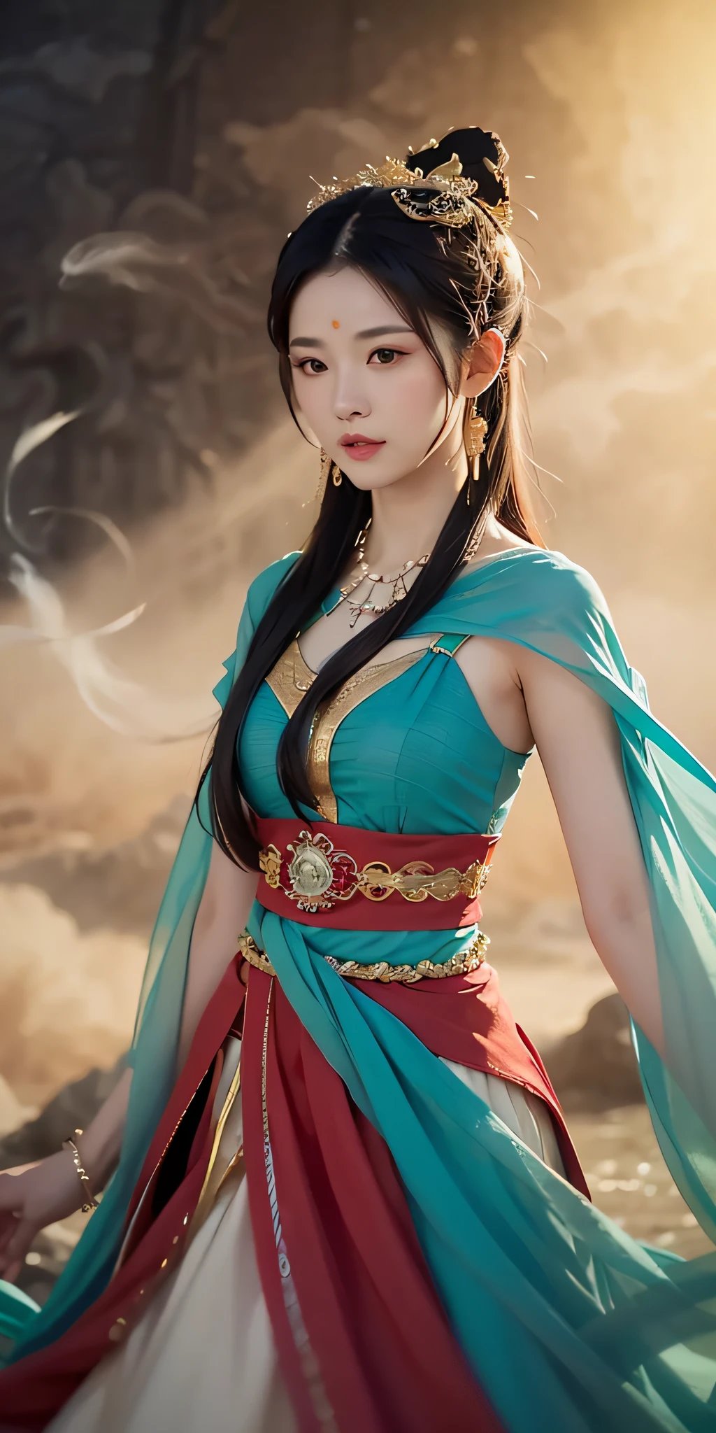 1girl,Dunhuang flying costume,Long messy hair,JI Jian,Dunhuang style,A lot of smoke,exquisite,elegant colors,(lifelike,high detaild,The Masterpiece,Ultra Verbose,dynamic angle,Mural background,water ink,astonishing,cinematic lighting,illutstration,light and shade contrast,God Ray,Netherlands,best possible quality,best possible quality