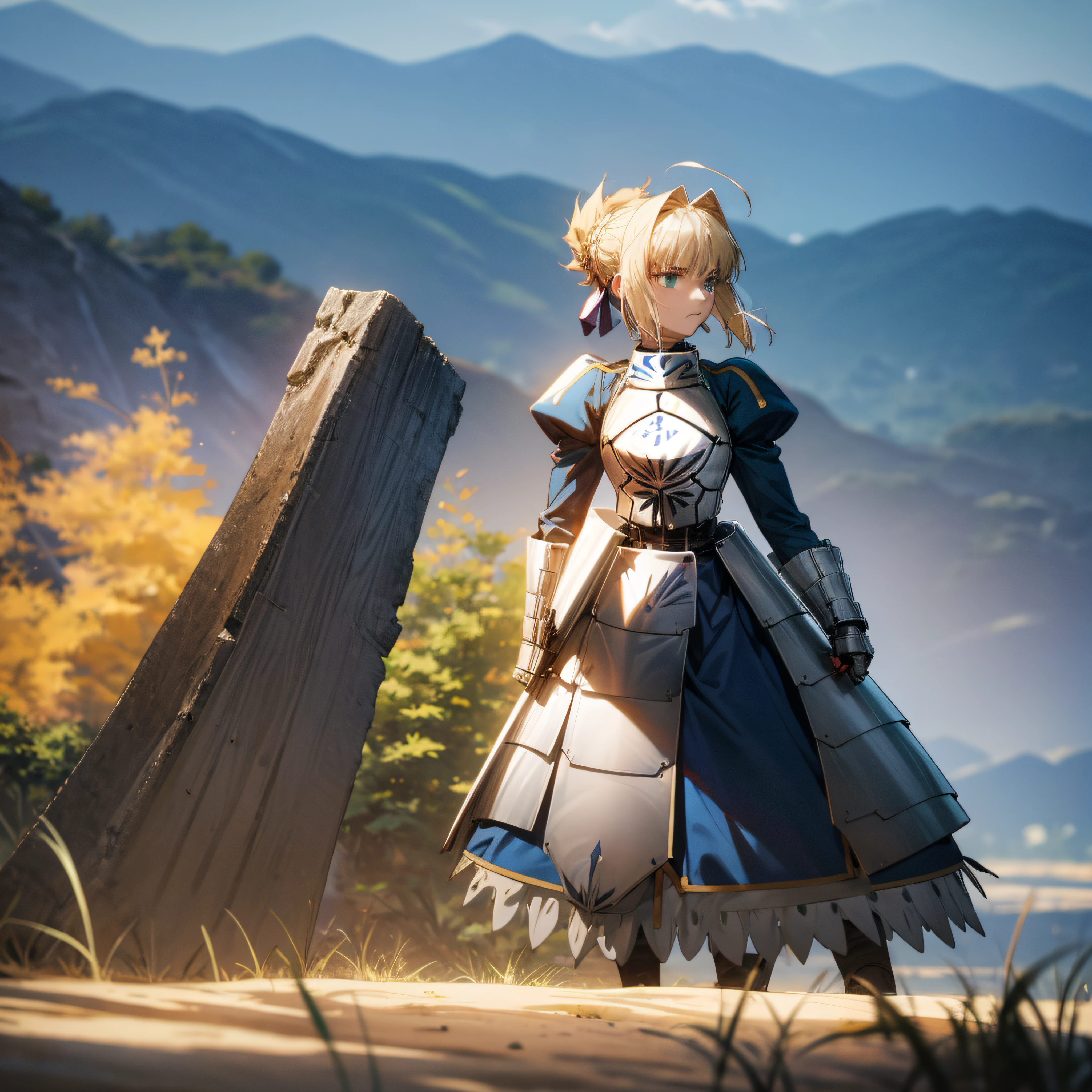 saber, anime fate zero, armadura medieval, arturia, olhando pro horizonte, mountains behind, fate stay, excalibur na cintura --auto