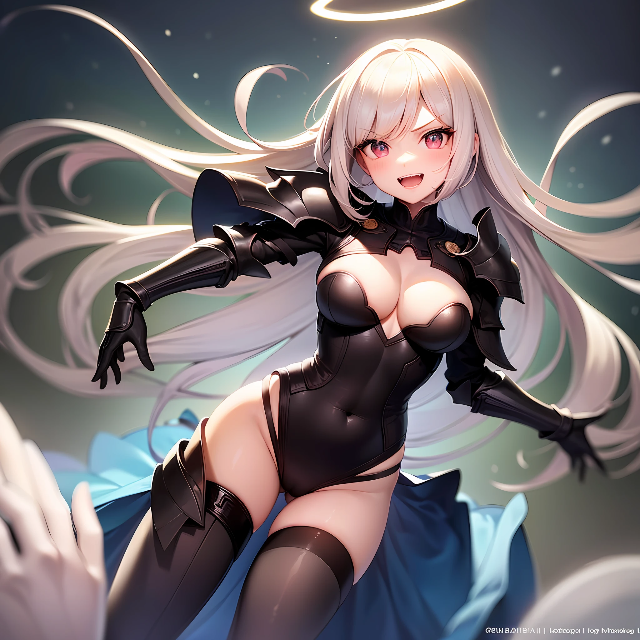fantasy, 1angel_girl,child, ,black_color_hair, medium_bob_hair, long_bangs, halo,bare_shoulder,thighhighs,(shiny_silver_armor:1.1), waist_armor, large_breasts,angry,smile,open_mouth1pair_wings, dynamic_ pose_fighting,floating, bare_crotch, covered_nipples, covered_pussy,headgear,gauntlet, greaves, pelvic_curtain, city_sky_background,slightly_spread_legs, solo, groin_naked,(masterpiece, best quality, best quality, official art, beautiful and aesthetic:1.2), (1 girl), very detailed,