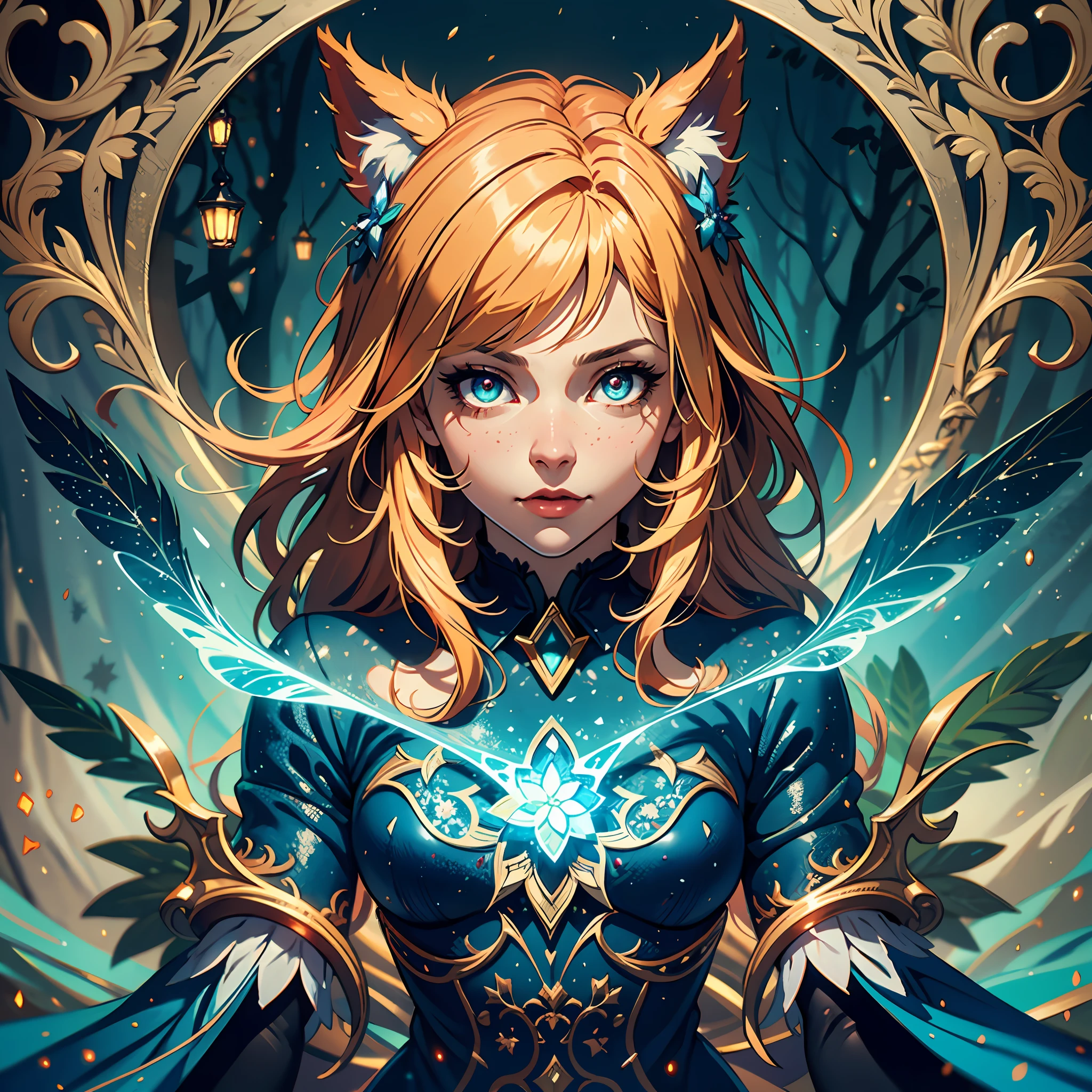 a ginger Ahri highly detailed, symmetric, luminism, dark shot, a dark night magical forest atmosphere, octane render, a fairy dust, a bioluminescence, a purity, detailed face, greg rutkowski, lois van baarle, alphonse mucha, night, maximalism, rococo, global illumination, luminism, detailed, intricate, fractal details, hyperdetailed, a cloths soaked in a brightly shining led stardust, warm colors, intricate details, volumetric, glaring eyes,