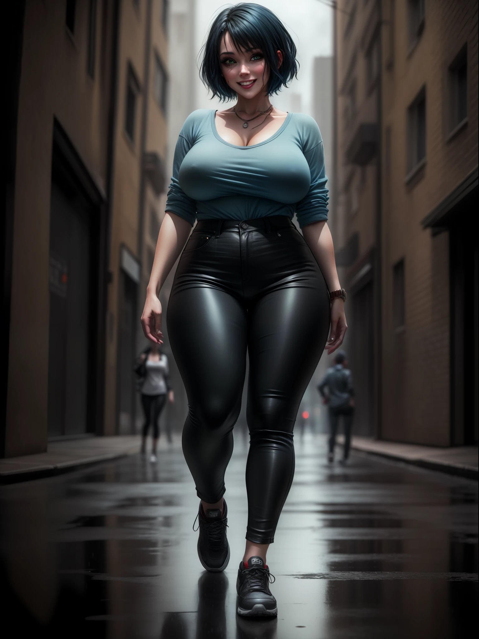 ((full body):1.5) ((1Woman):1.5) and (Zombies):1.5) 1Woman:{blue shirt and long black pants, shirt and pants extremely tight around her body, she has extremely heavy breasts, has short blue hair, has green eyes, is doing sexual pose, smiling, she is walking}; background: {grisly city, night, raining heavily, various Zombies}, 16k, high quality, high details, UHD,