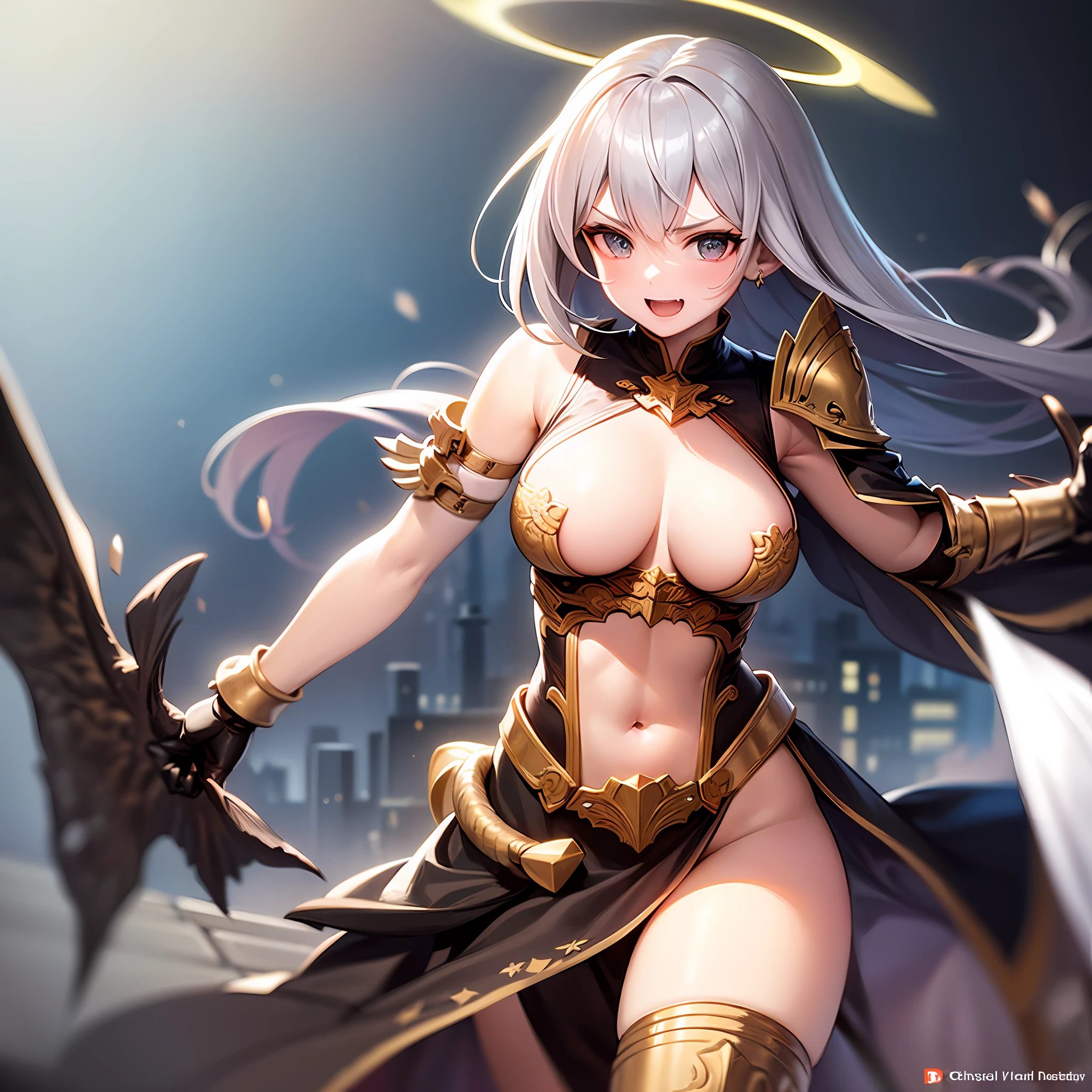 fantasy, 1angel_girl, loli,bck_color_hair, medium_bob_hair, long_bangs, halo,bare_shoulder,thighhighs,(shiny_silver_armor:1.1), waist_armor, large_breasts,angry,smile,open_mouth1pair_wings, dynamic_ pose_fighting,floating, bare_crotch, covered_nipples, covered_pussy,headgear,gauntlet, greaves, pelvic_curtain, city_sky_background,slightly_spread_legs, solo, groin_naked,(masterpiece, best quality, best quality, official art, beautiful and aesthetic:1.2), (1 girl), very detailed,