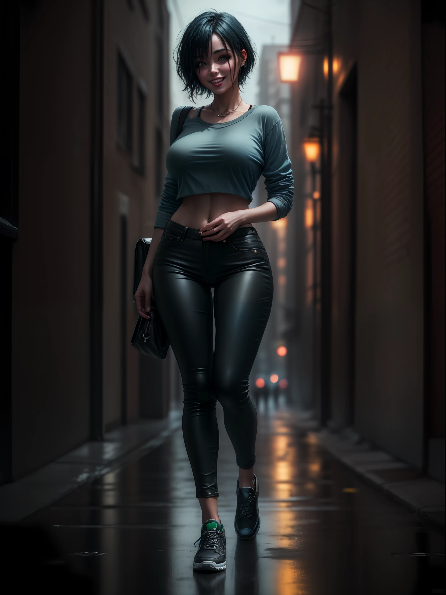 ((full body):1.5) ((1Woman):1.5) and (Zombies):1.5) 1Woman:{blue shirt and long black pants, shirt and pants extremely tight around her body, she has extremely heavy breasts, has short blue hair, has green eyes, is doing sexual pose, smiling, she is walking}; background: {grisly city, night, raining heavily, various Zombies}, 16k, high quality, high details, UHD,