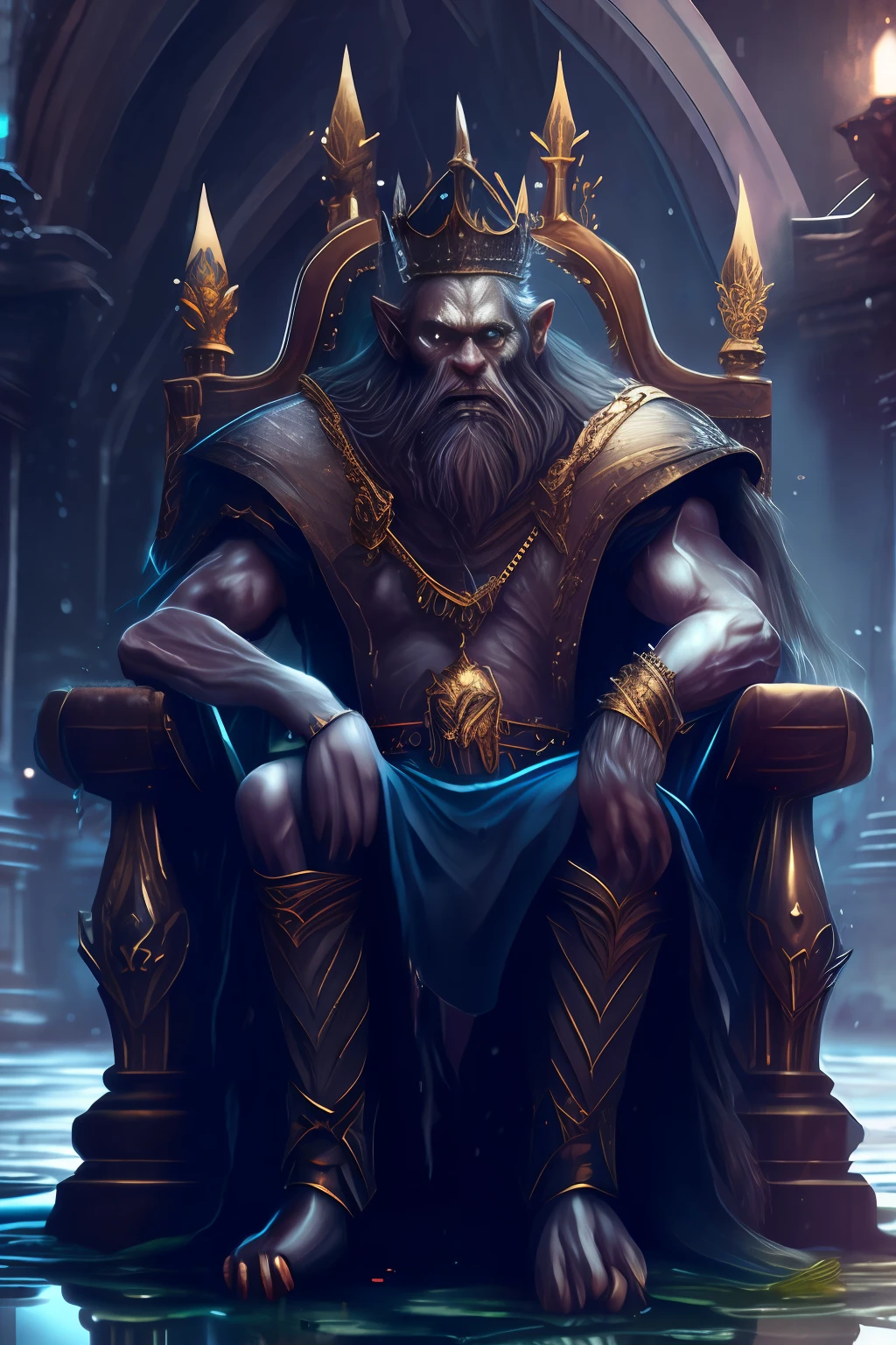 an old Werewolf king sitting on the throne in the heart of The City of Glas, throne is A very humid place full of puddles and leaks, regal, intimidating, ornate armor, regal crown, blurry_background, natural lighting, short twintails hair, looking_at_viewer, solo, highly detailed 8k
