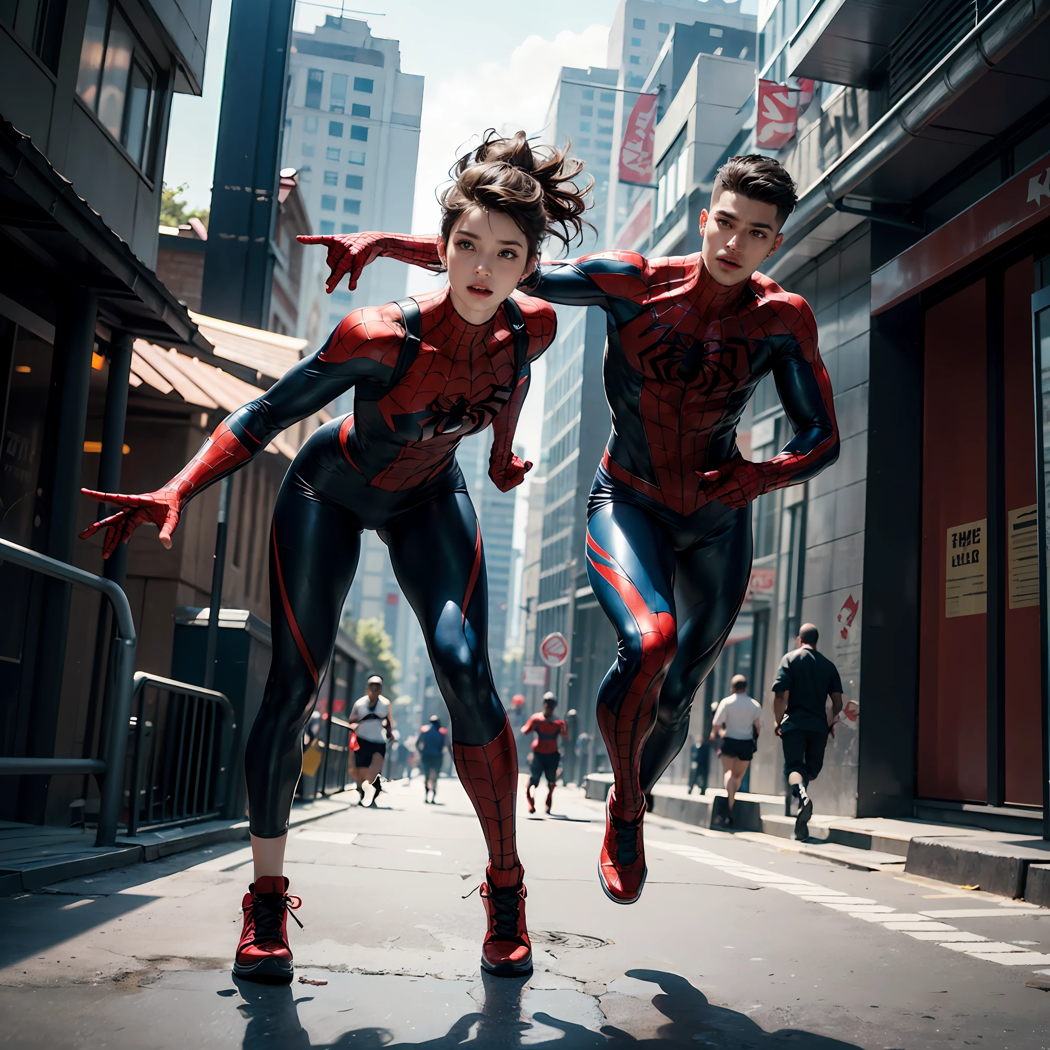 a sexy curvy girl, wearing authentic spiderman cosplay custume, outdoor park setting, full body shot, photorealistic, (hi-top fade:1.3), dynamic cinematic pose, running across the busy city streets, alluring, long hair soothing tones, muted colors, high contrast, (natural skin texture, hyperrealism, soft light, sharp),