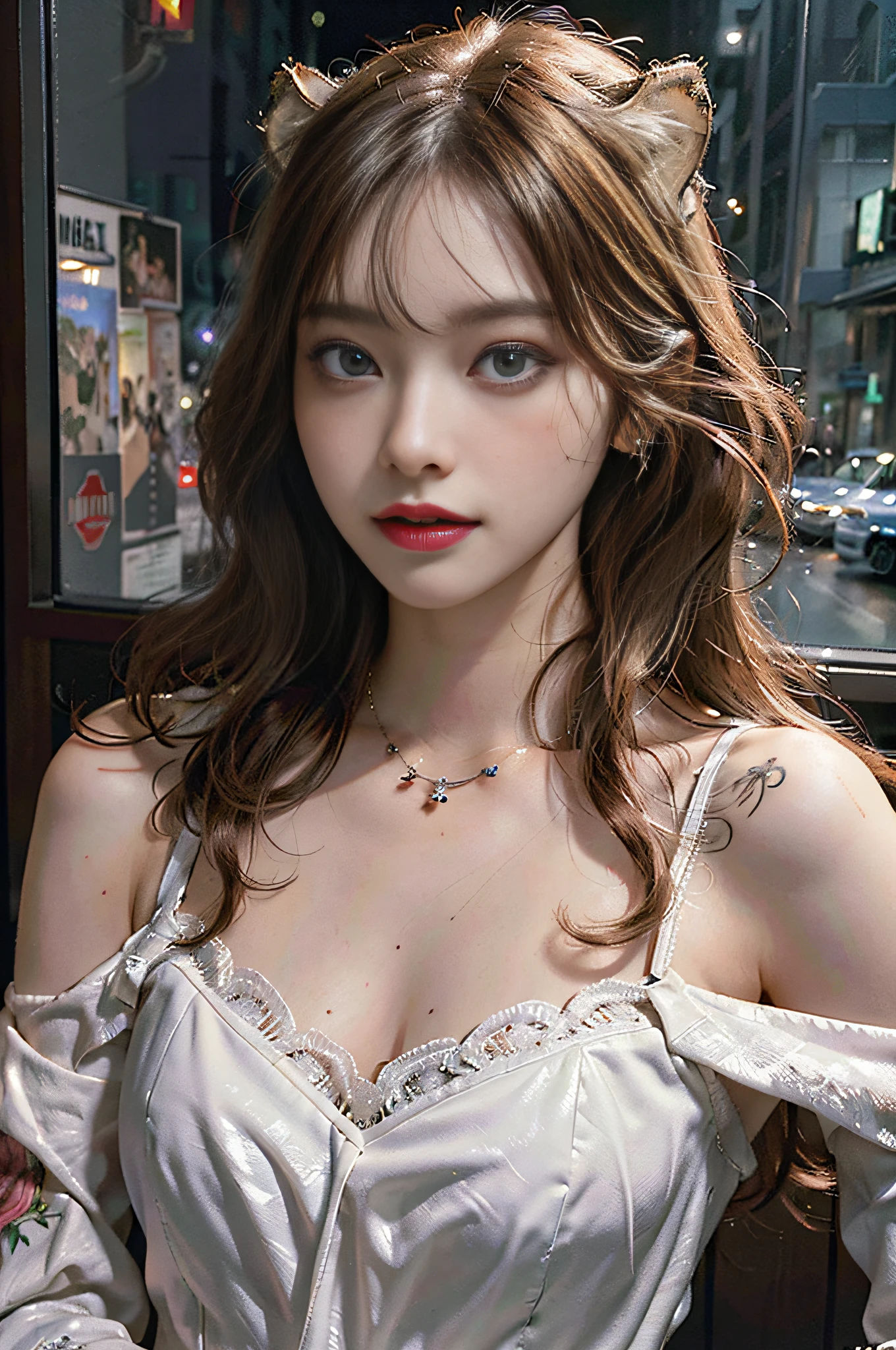 (hyperrealistic), (illustration), (high resolution), (8K), (extremely detailed), (best illustration), (beautiful detailed eyes), (best quality), (super detailed), (masterpiece), (wallpaper), (detailed face), solo, (dynamic pose), 1girl, lingerie, off-the-shoulder, dusk, short blonde hair, broken hair, necklace, fangs, tattoo, lioness