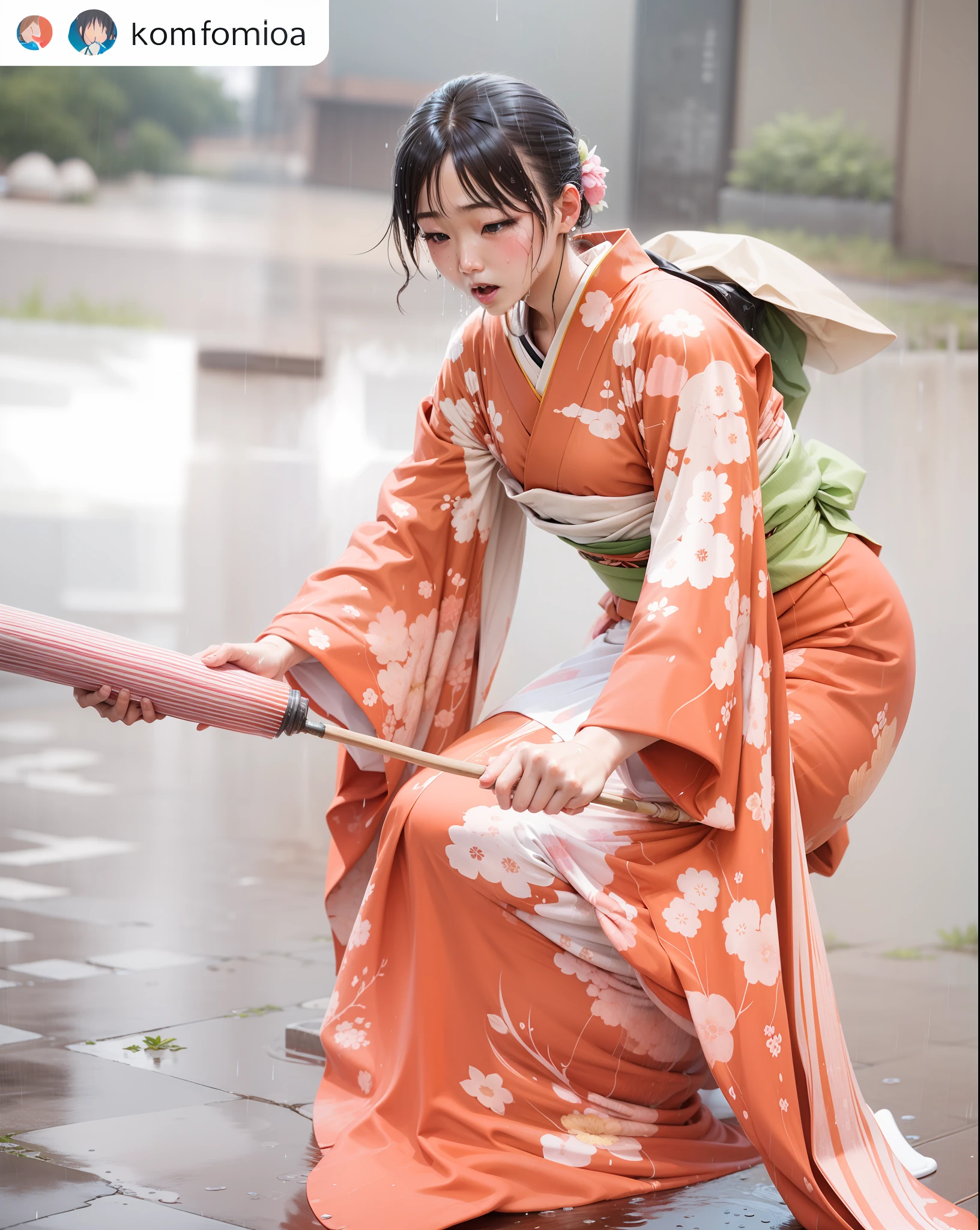 heavy raining、Kimono soaking wet、Rain dripping from kimono