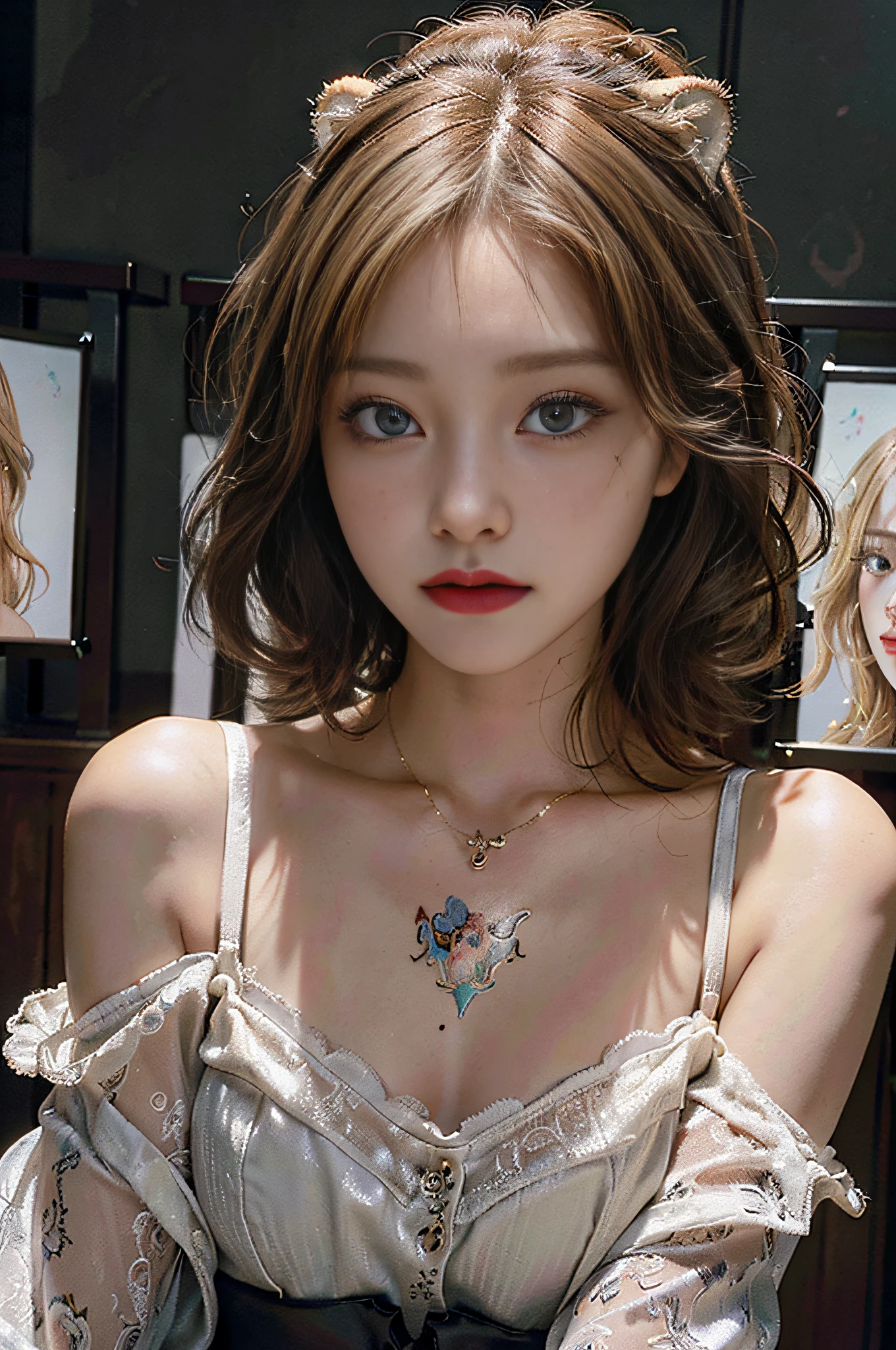 (hyperrealistic), (illustration), (high resolution), (8K), (extremely detailed), (best illustration), (beautiful detailed eyes), (best quality), (super detailed), (masterpiece), (wallpaper), (detailed face), solo, (dynamic pose), 1girl, lingerie, off-the-shoulder, dusk, short blonde hair, broken hair, necklace, fangs, tattoo, lioness