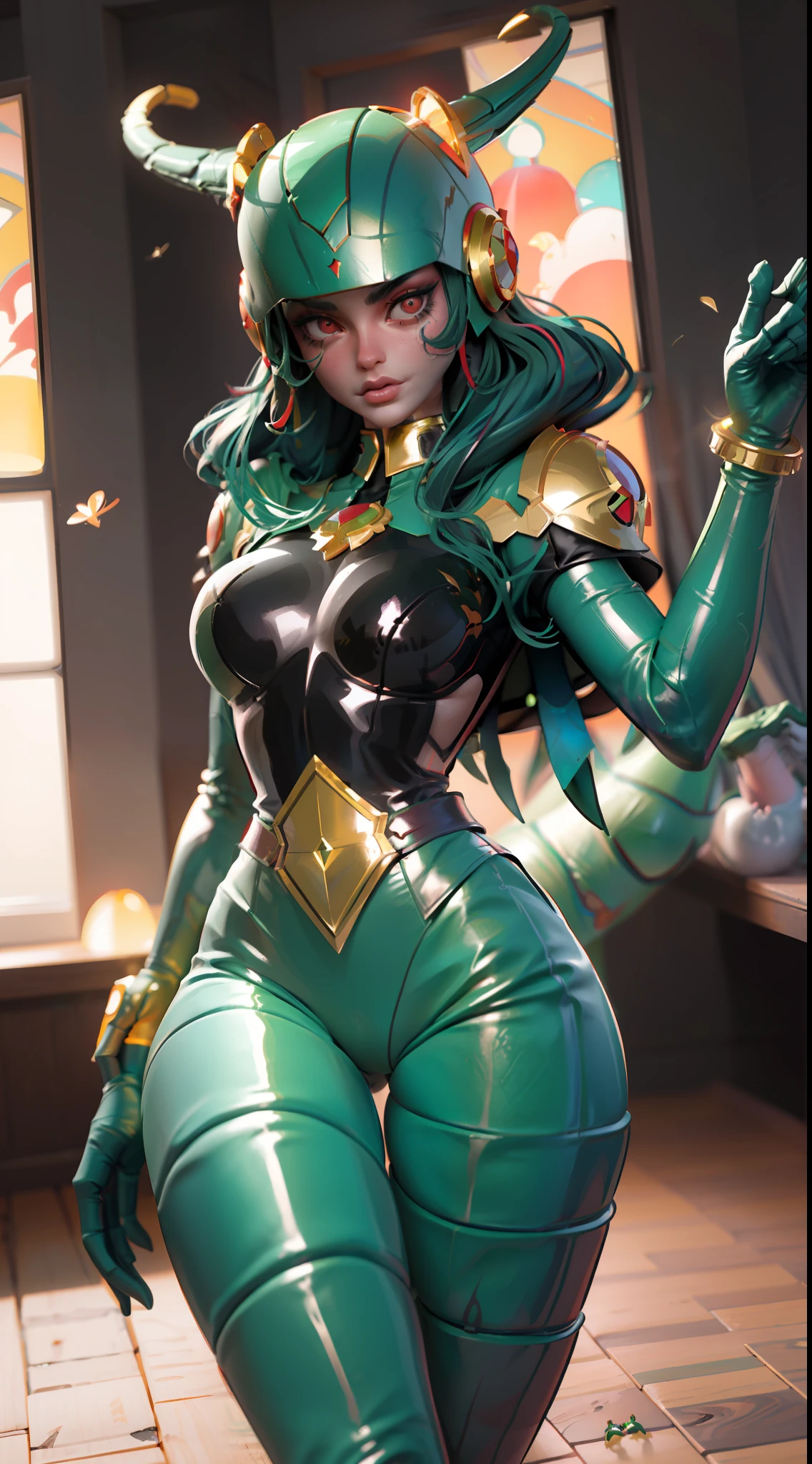 Cartoon photo of woman in green and red costume, hot insect humanoid woman, Guyver style, SFW version, red eye, scarab reploid, bellows tail, cel shade adult animation, alien queen, serpentine pose,