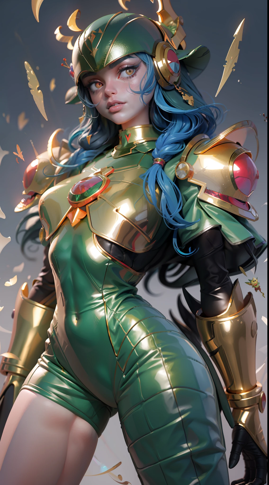 Cartoon photo of woman in green and red costume, hot insect humanoid woman, Guyver style, SFW version, red eye, scarab reploid, bellows tail, cel shade adult animation, alien queen, serpentine pose,