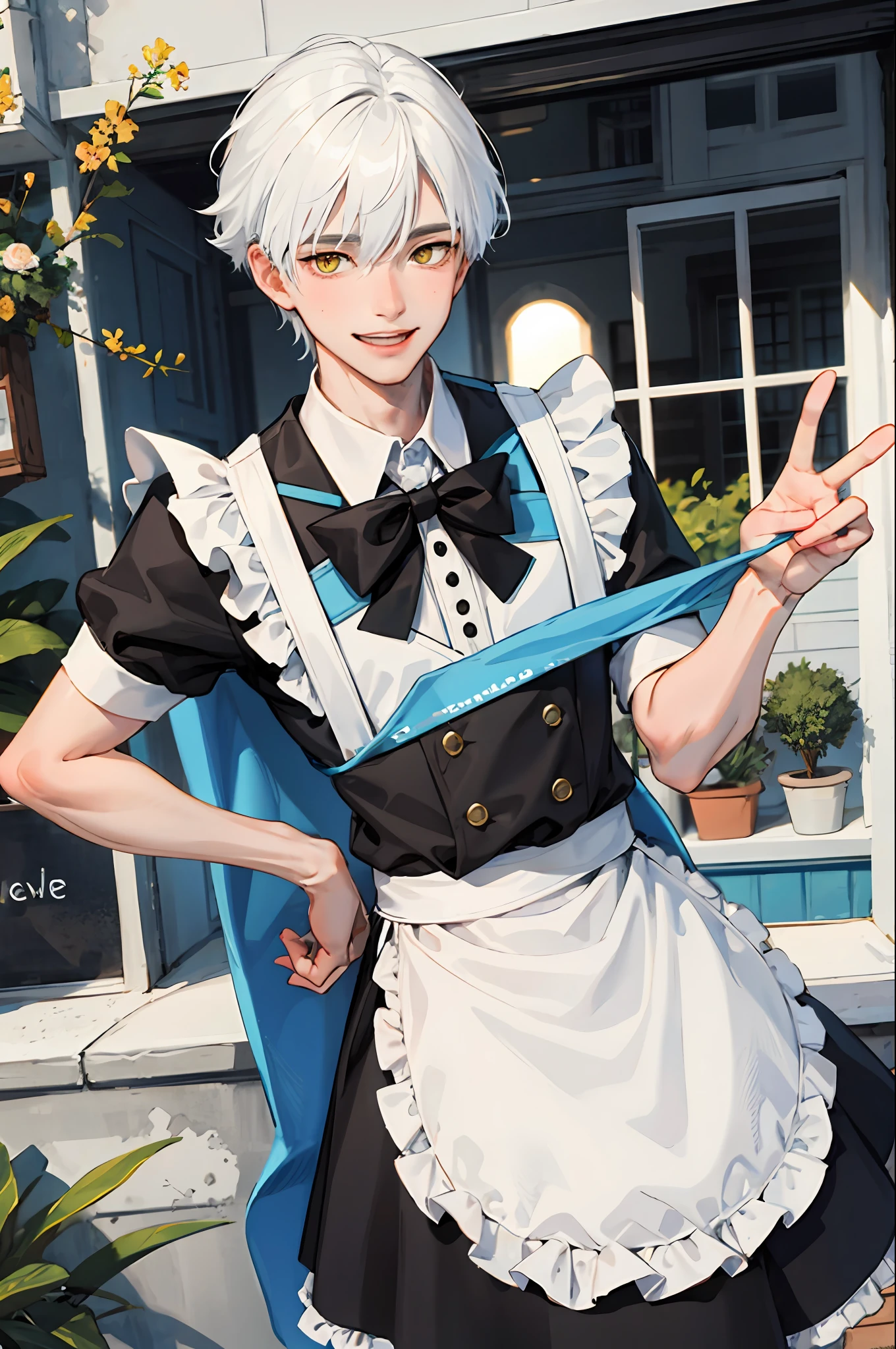 A boy, white hair, yellow eyes, smiles, wearing maid.