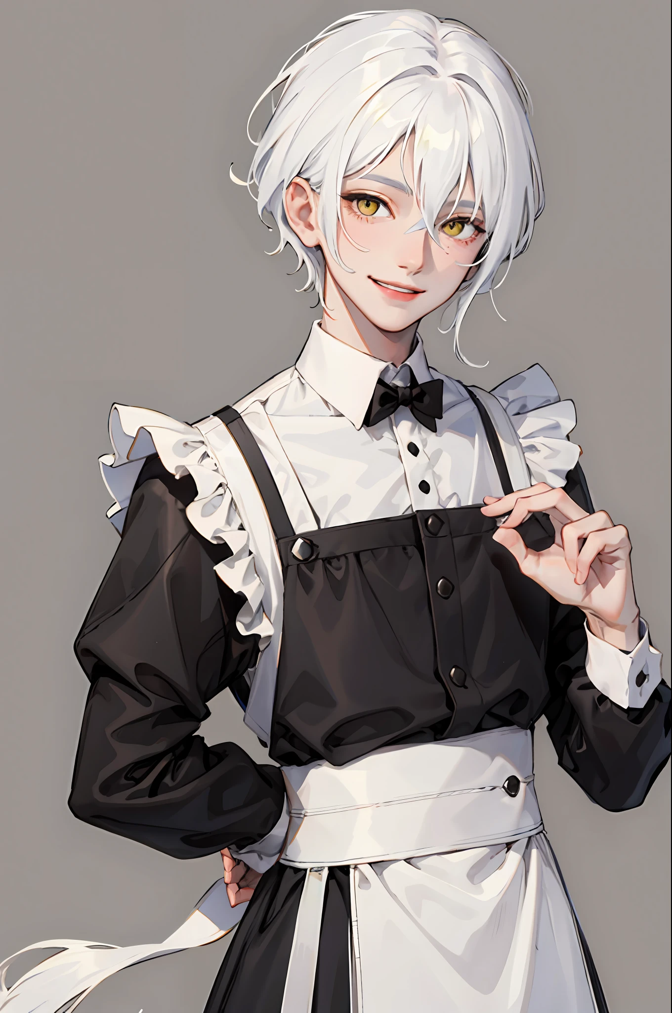 A boy, white hair, yellow eyes, smiles, wearing maid.