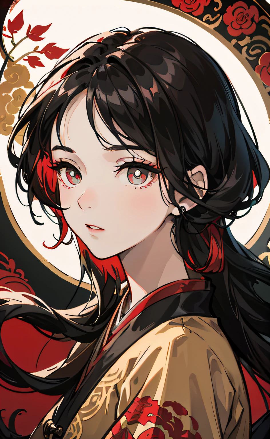 Mature girl, black hair, floating hair, delicate eyes, red pupils, heroine, black and red antique damask hanfu, FOV, f1.8, masterpiece, complex scene, gorgeous portrait shot