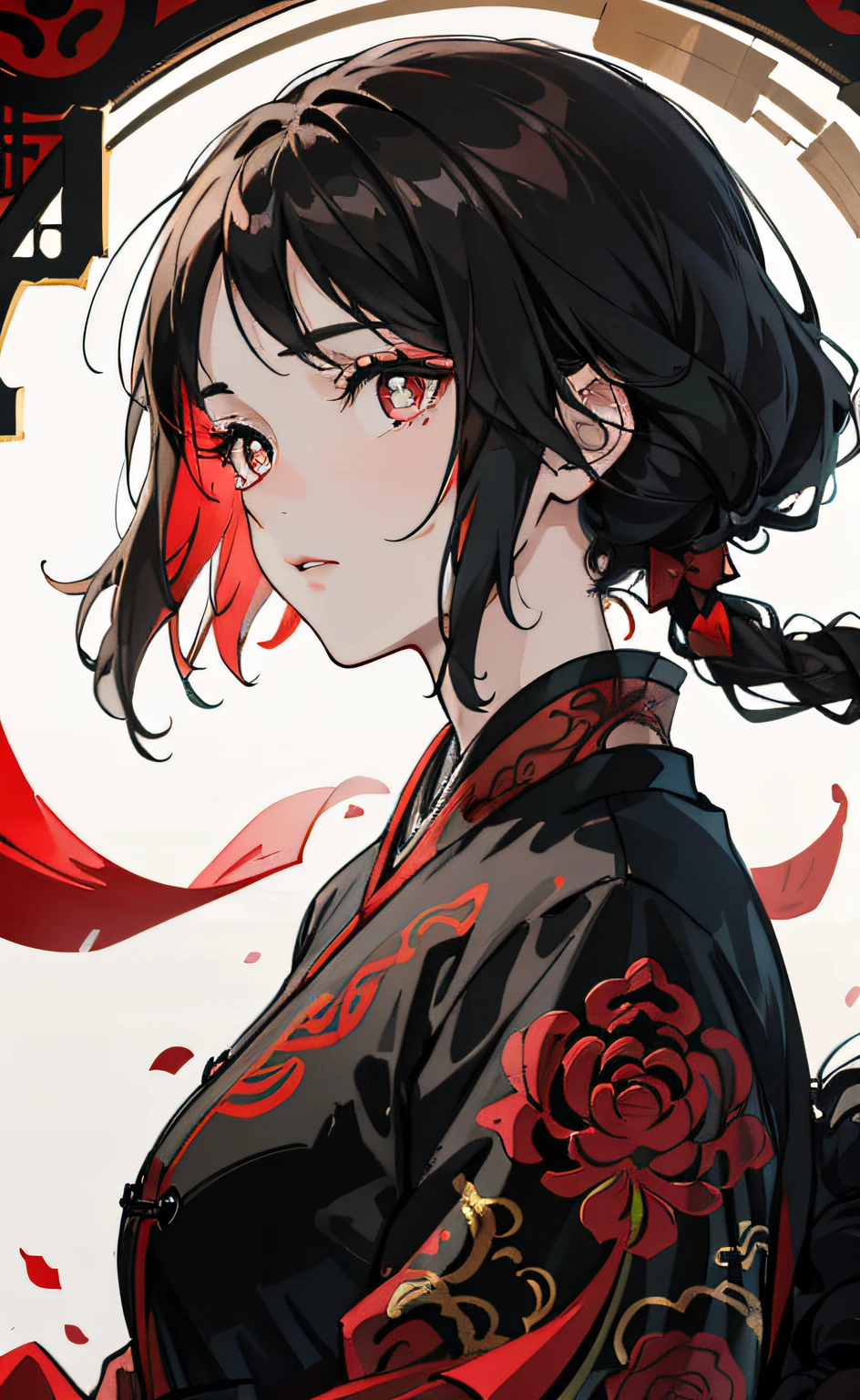 Mature girl, black hair, floating hair, delicate eyes, red pupils, heroine, black and red antique damask hanfu, FOV, f1.8, masterpiece, complex scene, gorgeous portrait shot
