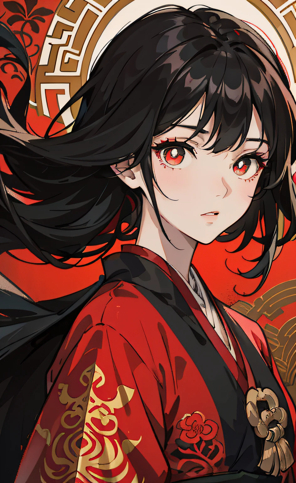 Mature girl, black hair, floating hair, delicate eyes, red pupils, heroine, black and red antique damask hanfu, FOV, f1.8, masterpiece, complex scene, gorgeous portrait shot