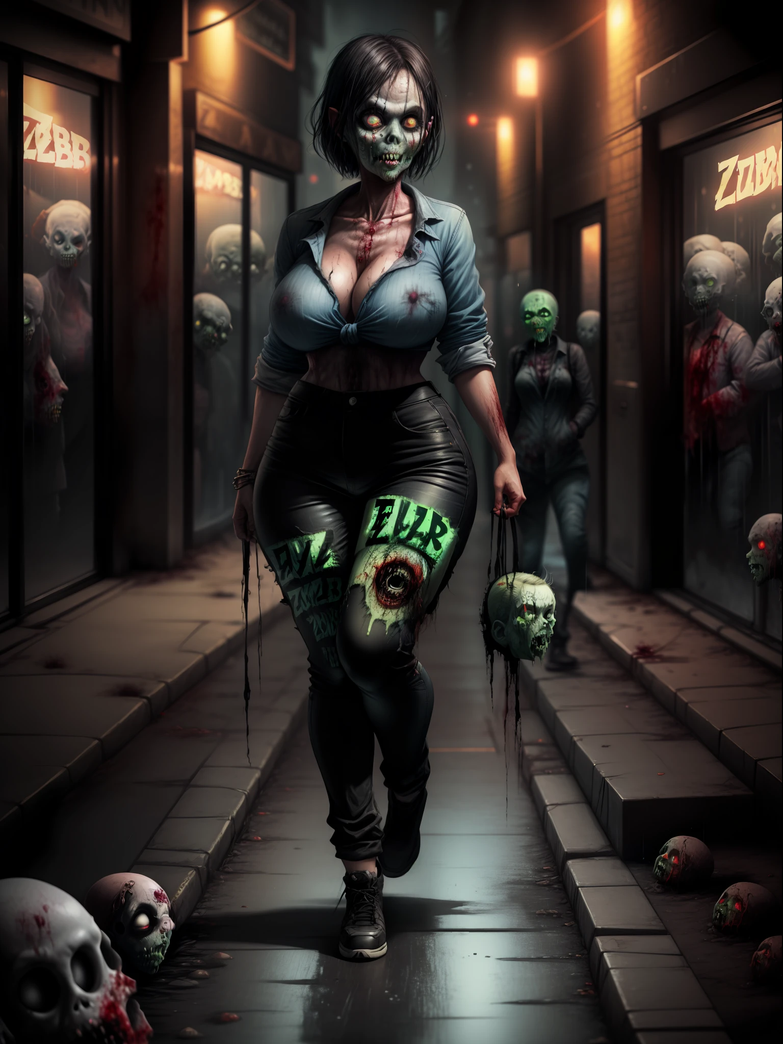 ((full body):1.5) ((1woman):1.5) and ((Zombies):1.5) 1woman:{blue shirt and long black pants, shirt and pants extremely tight around her body, she has extremely heavy breasts, has hair short blue, has green eyes, is doing sexual pose, smiling, she is walking}; Zombies: {walking behind 1 woman, they are trying to get her}; background: {grim city, night, raining heavily, with lots of Zombies}, 16k, high quality, high detail, UHD,