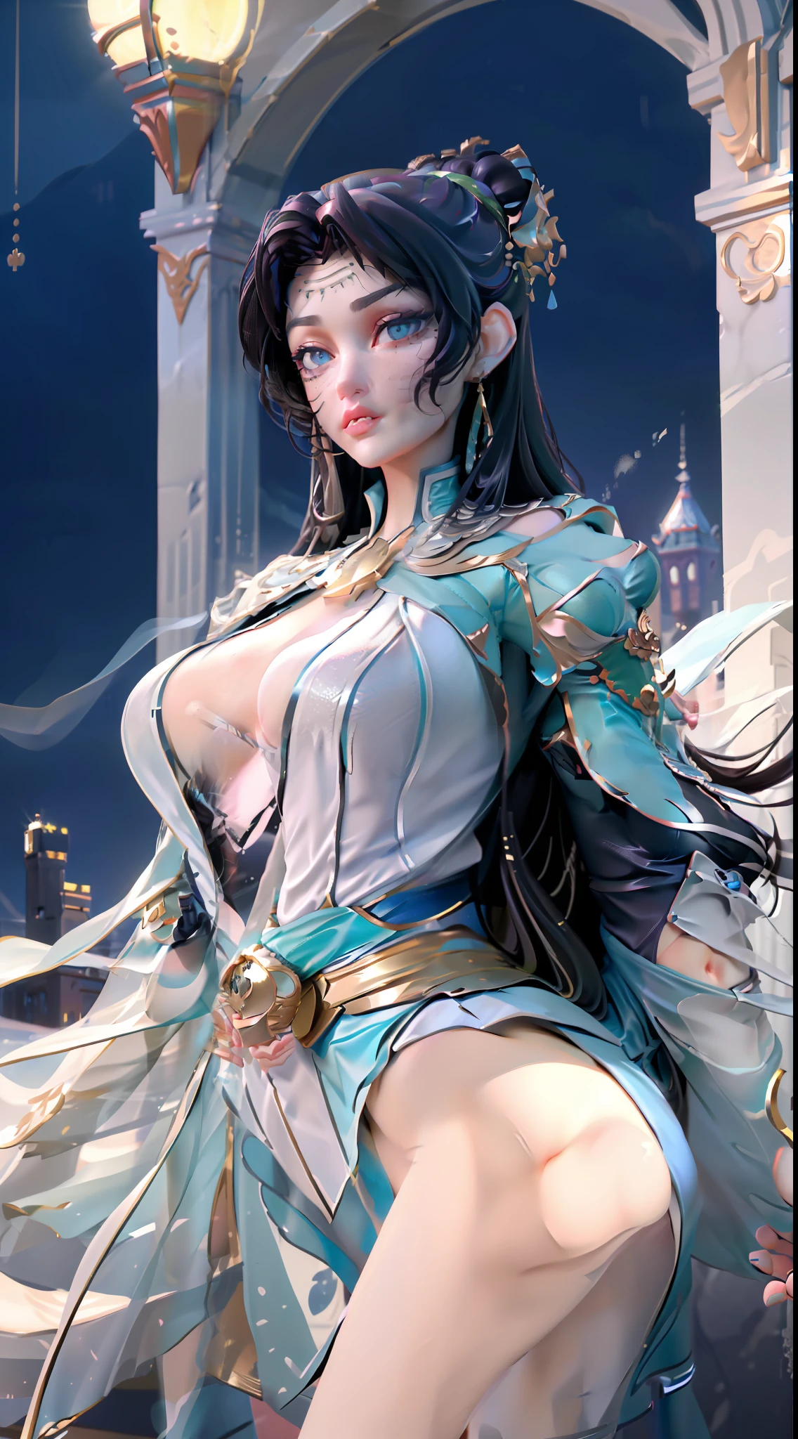 (Best quality, 4k, Masterpiece :1.3), beautiful woman, hyper realistic, 1girl, (massive breasts, attractive body :1.2), Wallpaper HD, Standing on castle, ultra-detailed face, detailed lips, detailed eyes, double eyelid, sensual low-necked dress, open neckline, hanging breasts, Walking pose, visible curves, transparent robe, muscular turned leg, shiny body
