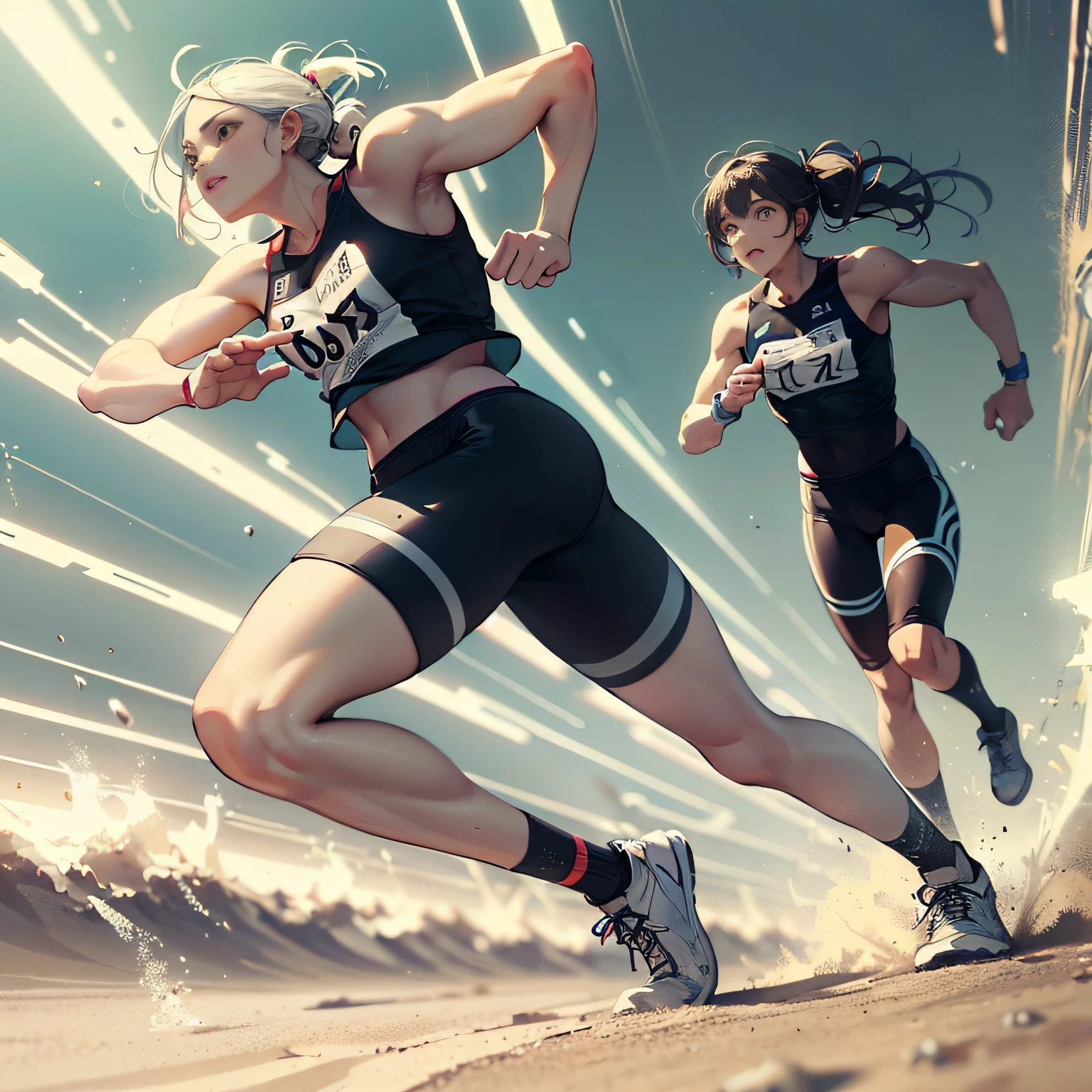 Create an energetic image capturing the emotion of a foot race on the beach sand, with vibrant colors as several athletes wearing sneakers run towards the finish line, Generate an opaque representation of a foot race, with soft colors and image representations uninspiring of athletes lack of enthusiasm and motivation, cores contrastantes brilhantes para aumentar o dinamismo de corrida, low-angle shot following athletes' movements, natural lighting with warm tones to enhance running ambience
