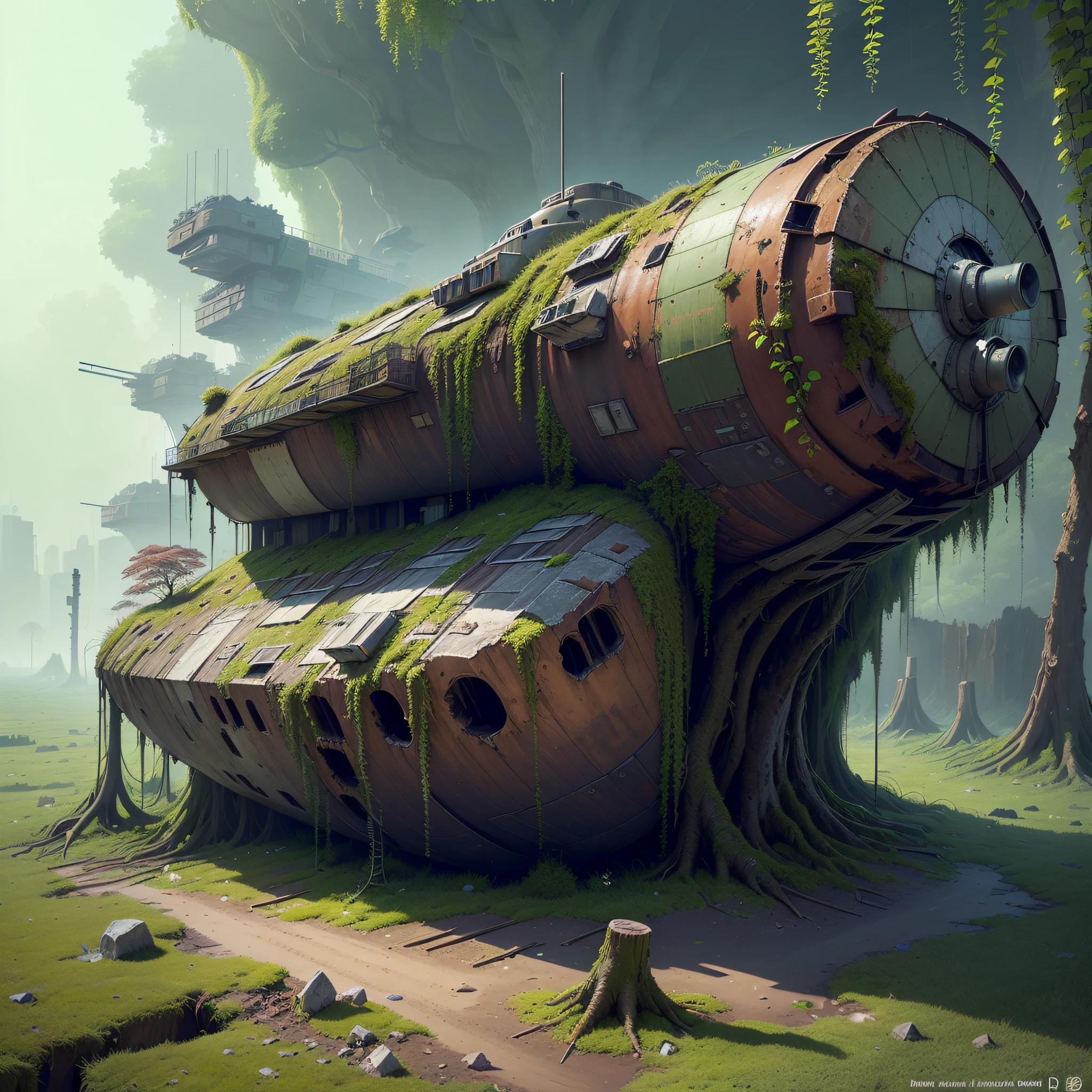 (Numerous award-winning masterpieces, with incredible detail, textures and maximum detail), (hyper realistic:1.4), (realistic:1.3), (best quality real texture skin), ((((Partially rusted hull of a space heavy cruiser Broken and slightly buried in the ground but its full extent is clearly visible)))), (((Some of the powerful power sources are still operational))), (((Covered in moss, tree roots and beautiful plants))), (((Full view))), (bird's-eye view), (Buildings covered with moss and ivy), (Forgotten and abandoned giant space battleships return to nature), (tree roots, ivy plants, beautiful plants crawling on exterior walls), (Eroded by clear water), (Partially collapsed buildings: 0.6)