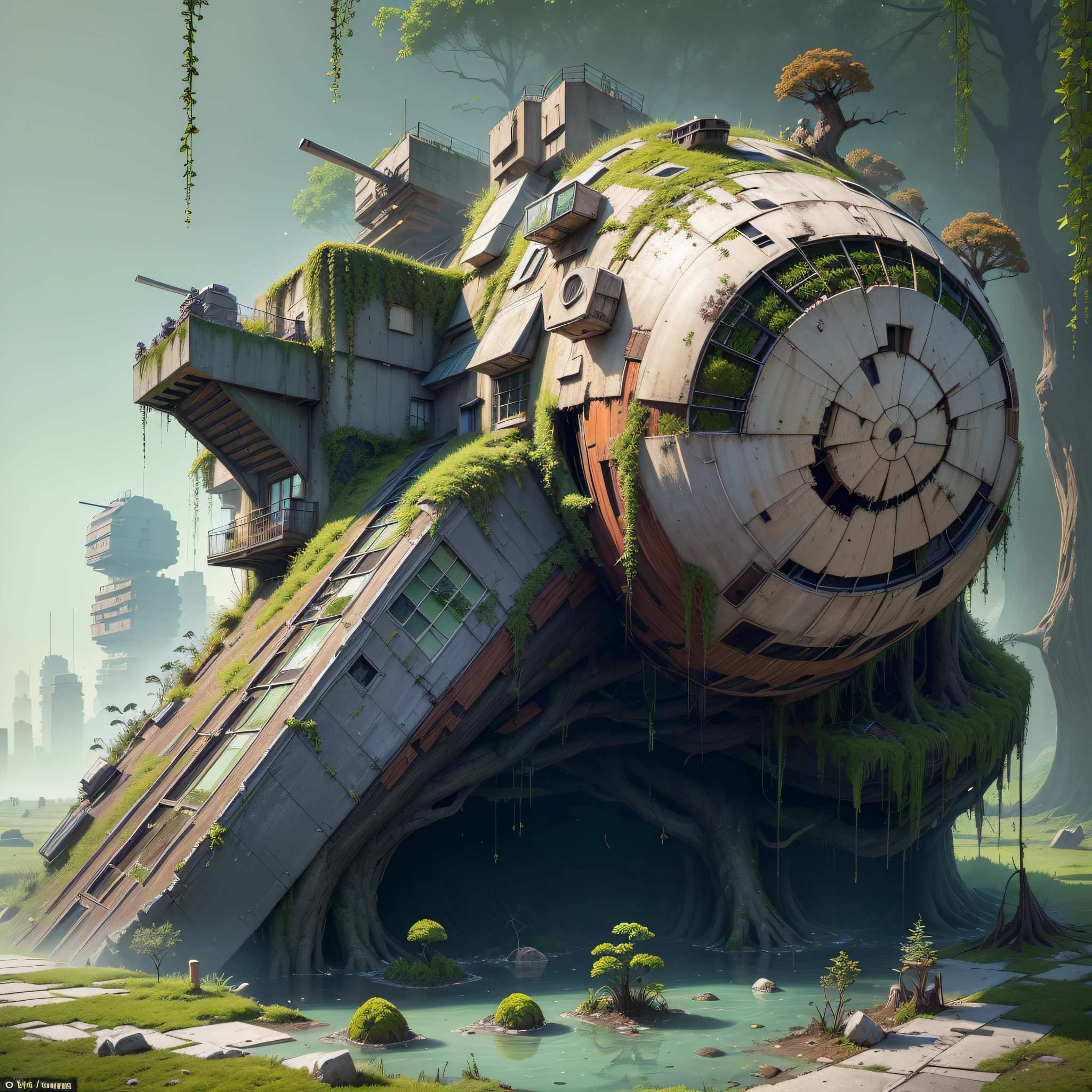 (Numerous award-winning masterpieces, with incredible detail, textures and maximum detail), (hyper realistic:1.4), (realistic:1.3), (best quality real texture skin), ((((Partially rusted hull of a space heavy cruiser Broken and slightly buried in the ground but its full extent is clearly visible)))), (((Some of the powerful power sources are still operational))), (((Covered in moss, tree roots and beautiful plants))), (((Full view))), (bird's-eye view), (Buildings covered with moss and ivy), (Forgotten and abandoned giant space battleships return to nature), (tree roots, ivy plants, beautiful plants crawling on exterior walls), (Eroded by clear water), (Partially collapsed buildings: 0.6)