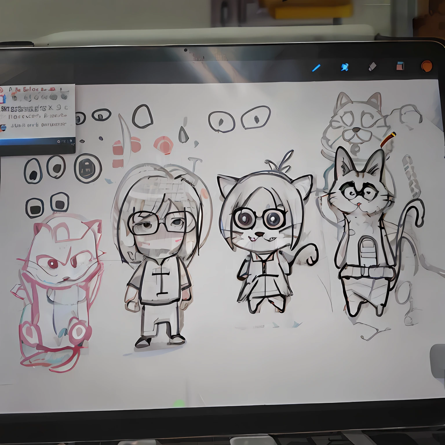 drawing of a group of cartoon cats on a tablet computer, high quality of sketching, digitally draw on wacom tablet, draw with wacom tablet, Line sketch!!, author:Android Jones, doodles, doodles, classroom doodle, digital 2d drawing, scetch, sketching, a sketch, Cartoon drawing, author:Master of Han Chinese, medibang, Line sketch --auto