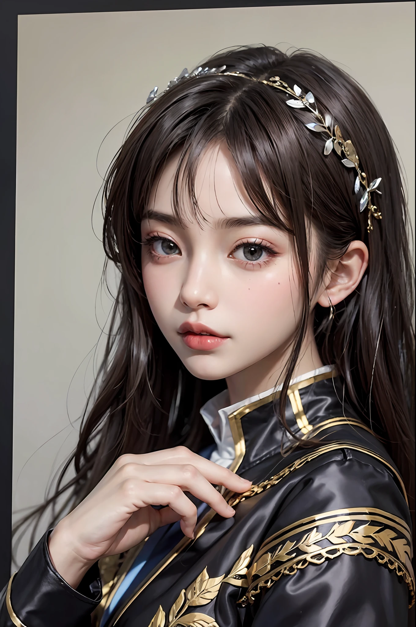 A close up of a woman wearing a black and gold outfit - SeaArt AI