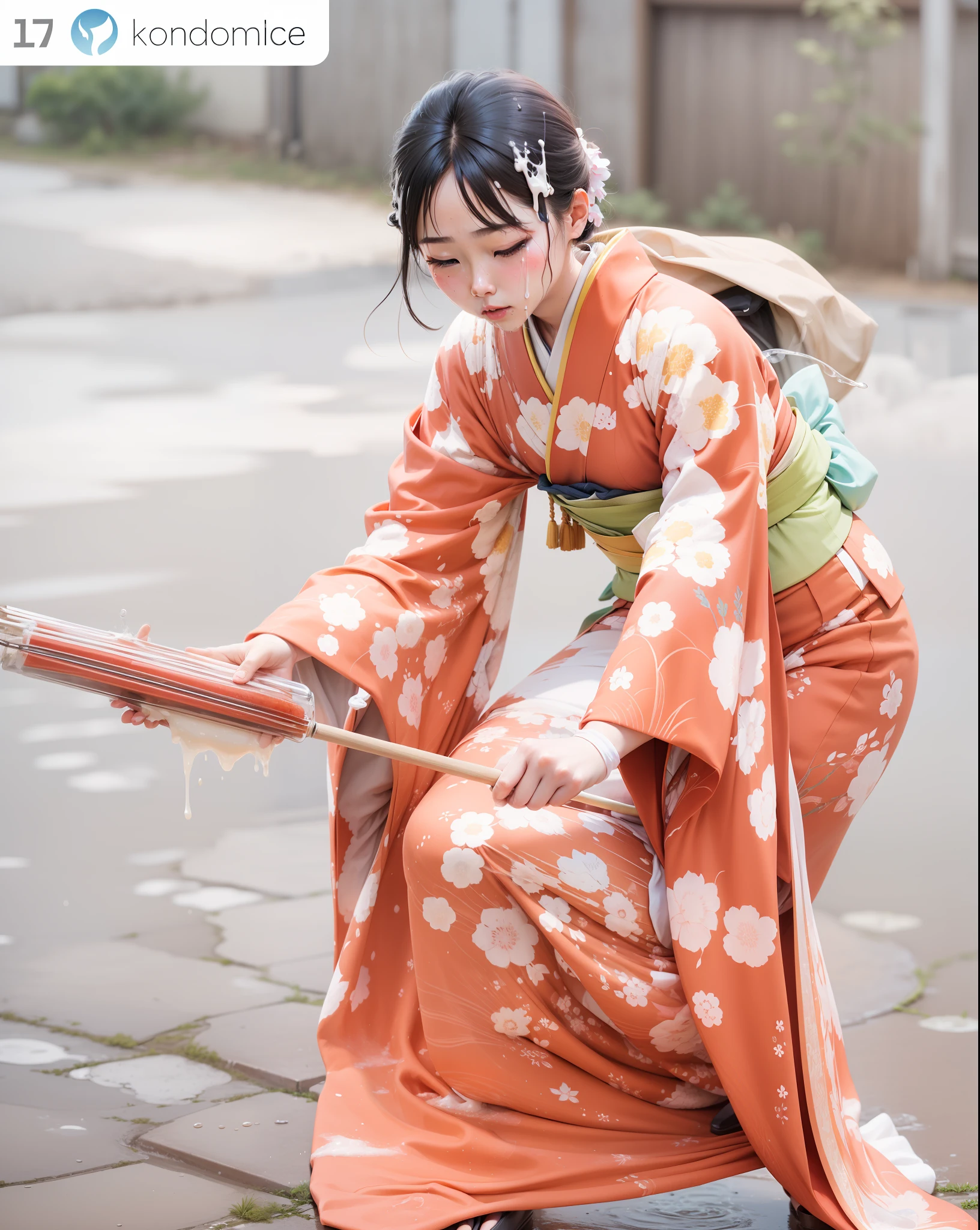 The kimono is soaked with white liquid.、White liquid dripping from kimono