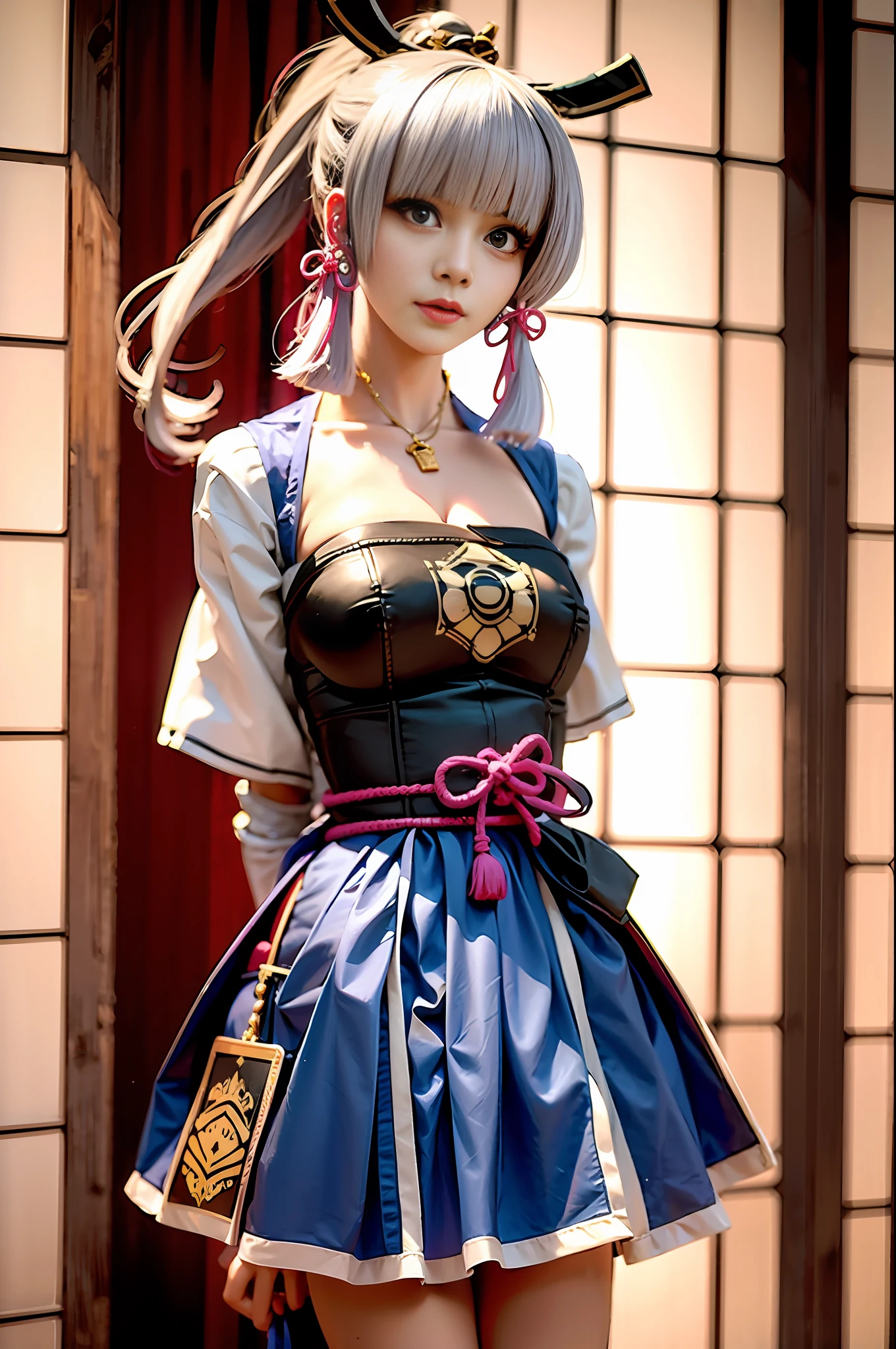 Blue kimono woman,standup，(loli face:1.1),Antique realistic photo,cosplay,(Peach blossom eyes:1.1),Ayaka Kamisato,(Realistic:1.1),Ayaka,Ayaka Kamisato,(Hands behind your back:1.21),lean forwards,(Sakuga:1.1),(short  miko skirt:1.1),White knee-length socks,(Belly pocket:1.2)