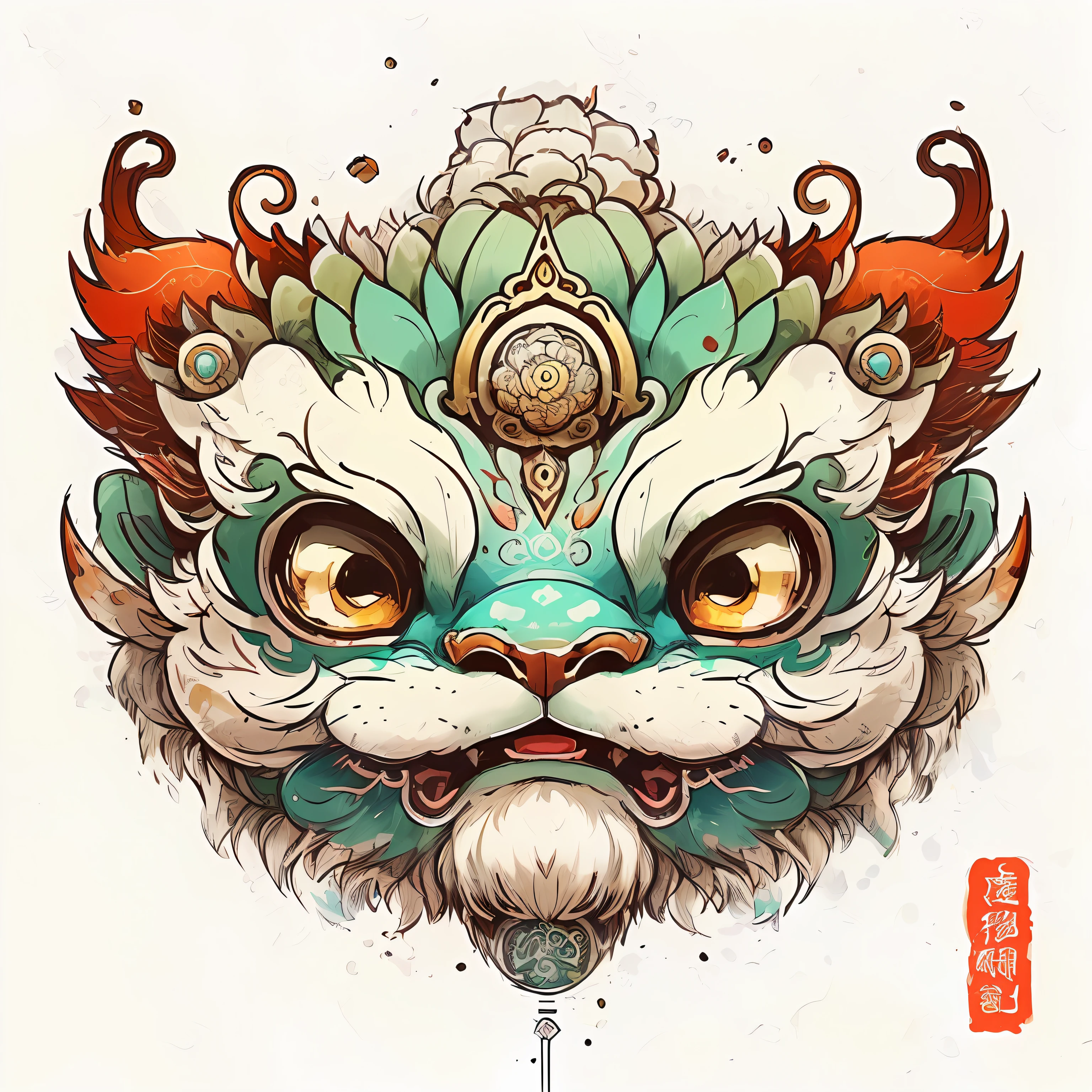 Close-up of a lion's head，There is a flower on it, high quality colored sketch, colored illustration for tattoo, highly detailed and colored, ancient china art style, third lion head, highly detailed digital artwork, highly-detailed illustration, chinese watercolor style, cute detailed digital art, author：Ryan Yee, Highly detailed digital art, highly-detailed illustration.”, Japan Art Style