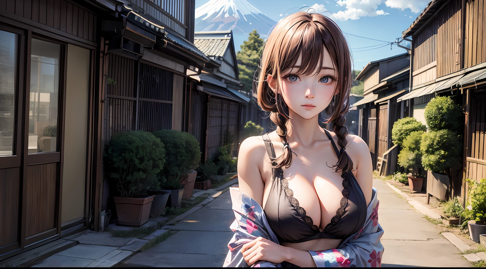 (Chainsaw Man、Makima)、Brown skin、kimono、(Orange braid)、Young、Cute、Beautiful highschool girl、Perfect style、Large big tits、Emphasizes cleavage、emotionless、Realstic、realistic、8k、extremely detaild、best qualiy、Top image quality、ultra-highres、A masterpie、only girl、(The background is Mt. Fuji in Japan)、