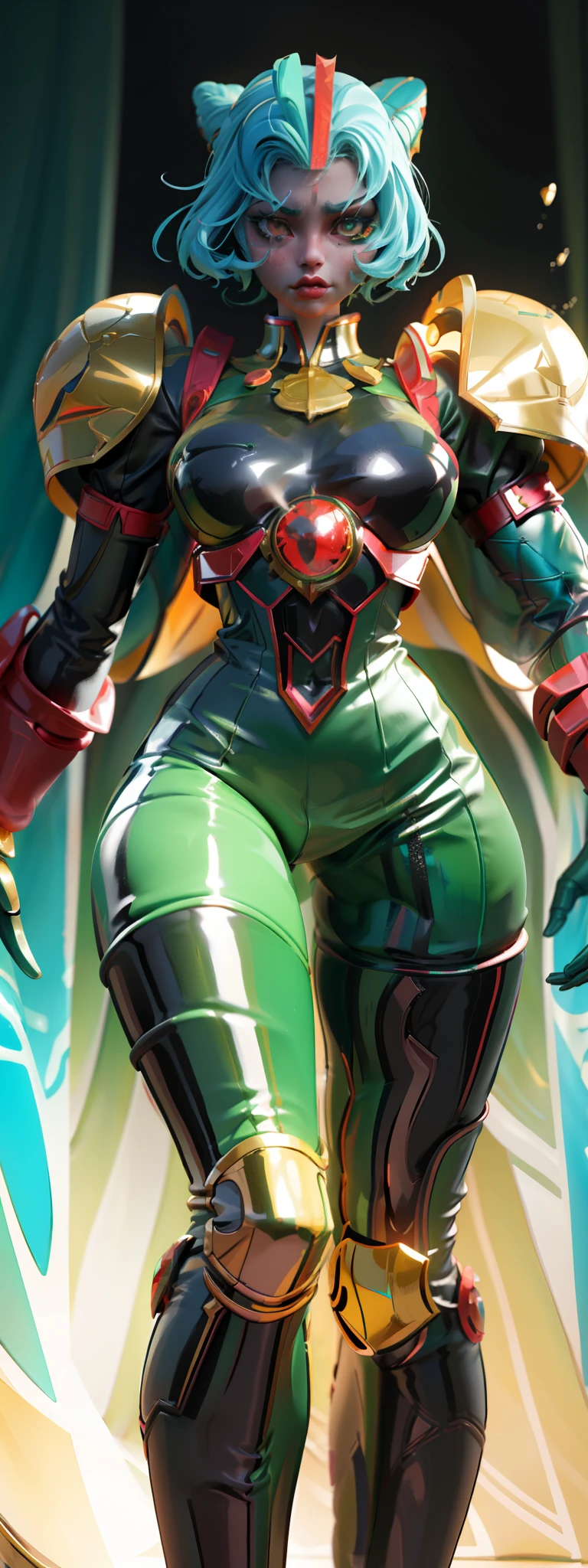 Cartoon photo of woman in green and red costume, hot insect humanoid woman, Guyver style, SFW version, red eye, scarab reploid, bellows tail, cel shade adult animation, alien queen, serpentine pose,