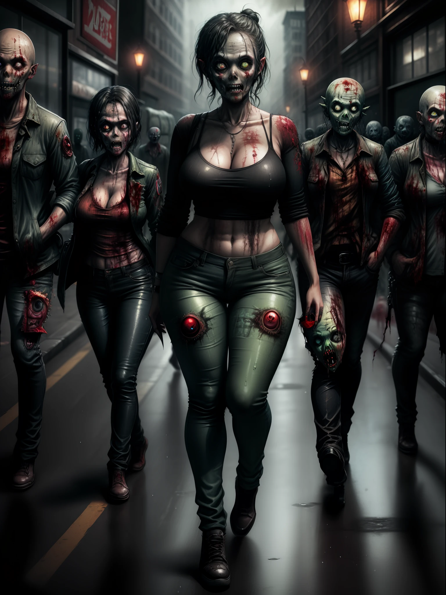 ((full body):1.5) ((1woman_and_Zombies):1.5) 1woman:{blue shirt and long black pants, shirt and pants extremely tight around her body, she has extremely heavy breasts, has hair short blue, has green eyes, is doing sexual pose, smiling, she is walking}; Zombies: {walking behind 1 woman, they are trying to get her}; background: {grim city, night, raining heavily, with lots of Zombies}, 16k, high quality, high detail, UHD,