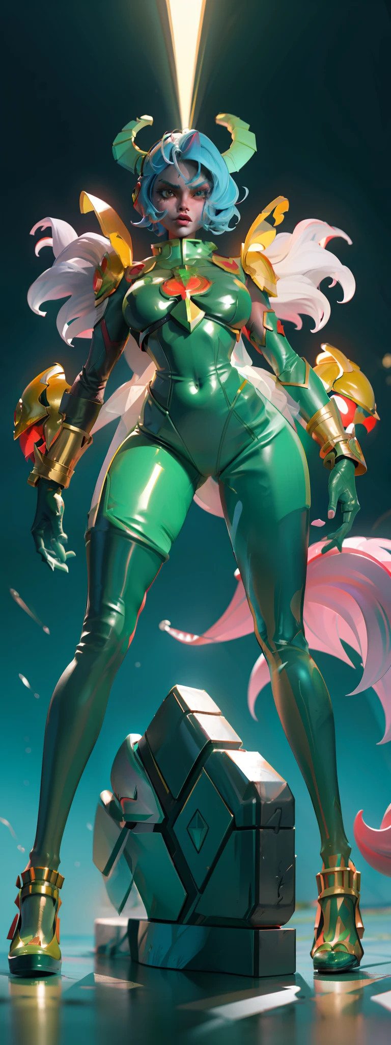 Cartoon photo of woman in green and red costume, hot insect humanoid woman, Guyver style, SFW version, red eye, scarab reploid, bellows tail, cel shade adult animation, alien queen, serpentine pose,