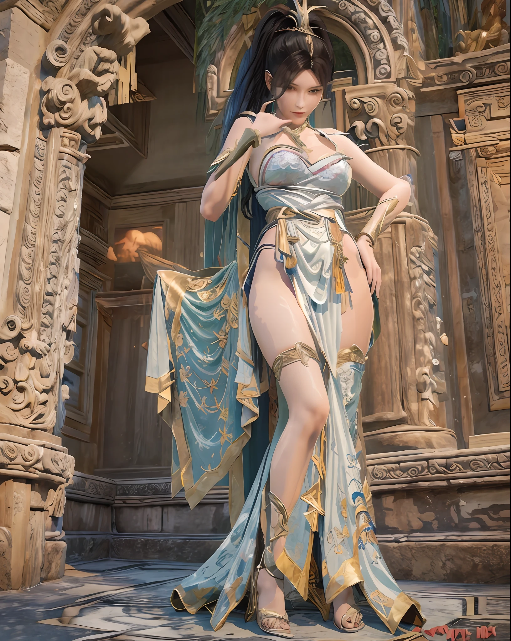 a beautiful women　Roman mythology　Roman Temple　goddesses　Platinum hair　Longhaire　Dragon　full full body　Chest emphasis　beauty legs　Dragon　Sendangul　Water droplets　mandala　ornament　White dress