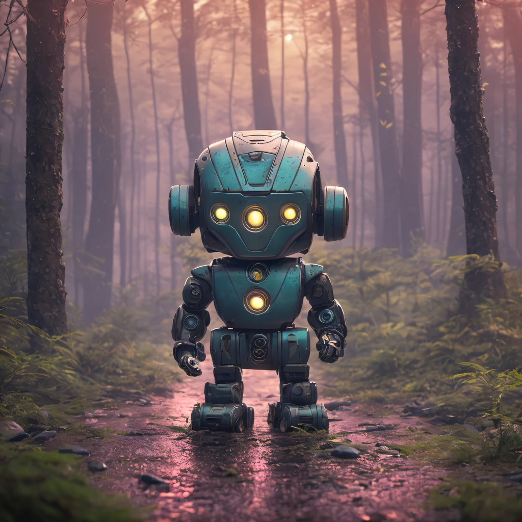 ultra professional cinematic landscape photo of a soaking wet of machine oil Ultra cute chibi robot, slate atmosphere, cinematic, global illumination, dimmed colors, dark shot, muted colors, film grainy, lut, insane details, intricate details, hyperdetailed, twilight, panoramic alien glowing detailed forest background by Wadim Kashin 8k, ultra warm orange pink colors, fairy dust haze