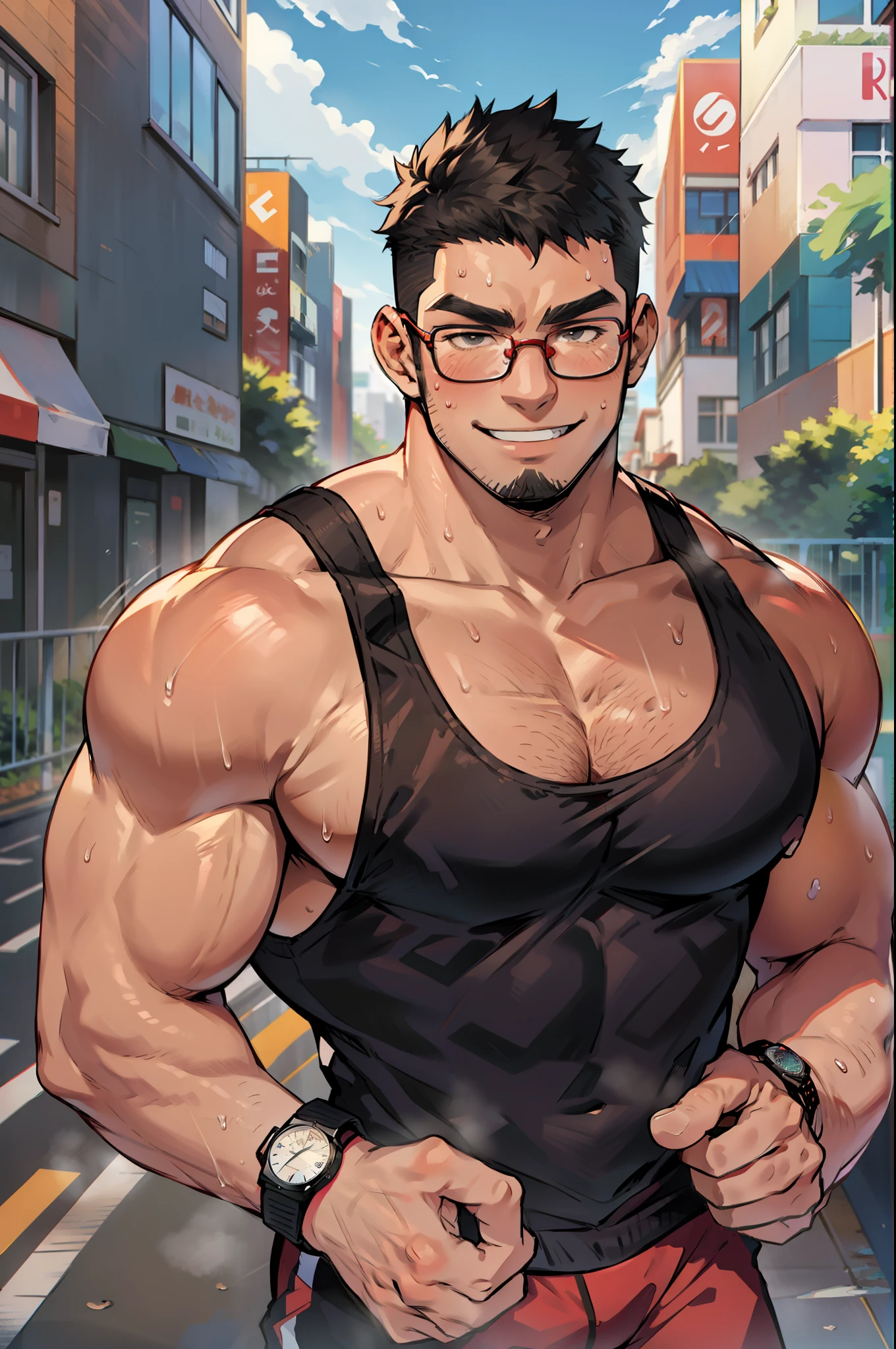 4k, masterpiece, high resolution:1.2, 1 man, 42 year old, solo, bara, muscular!!!, really tall, big physique (beast), bulk, hairy body, crew cut hair, facial hair, black hair, cute smile, friendly, running in a park, wearing red running shorts, wearing a big long black tank top, wearing a smart watch, sweaty body, wearing glasses, ultra detailed, flat style