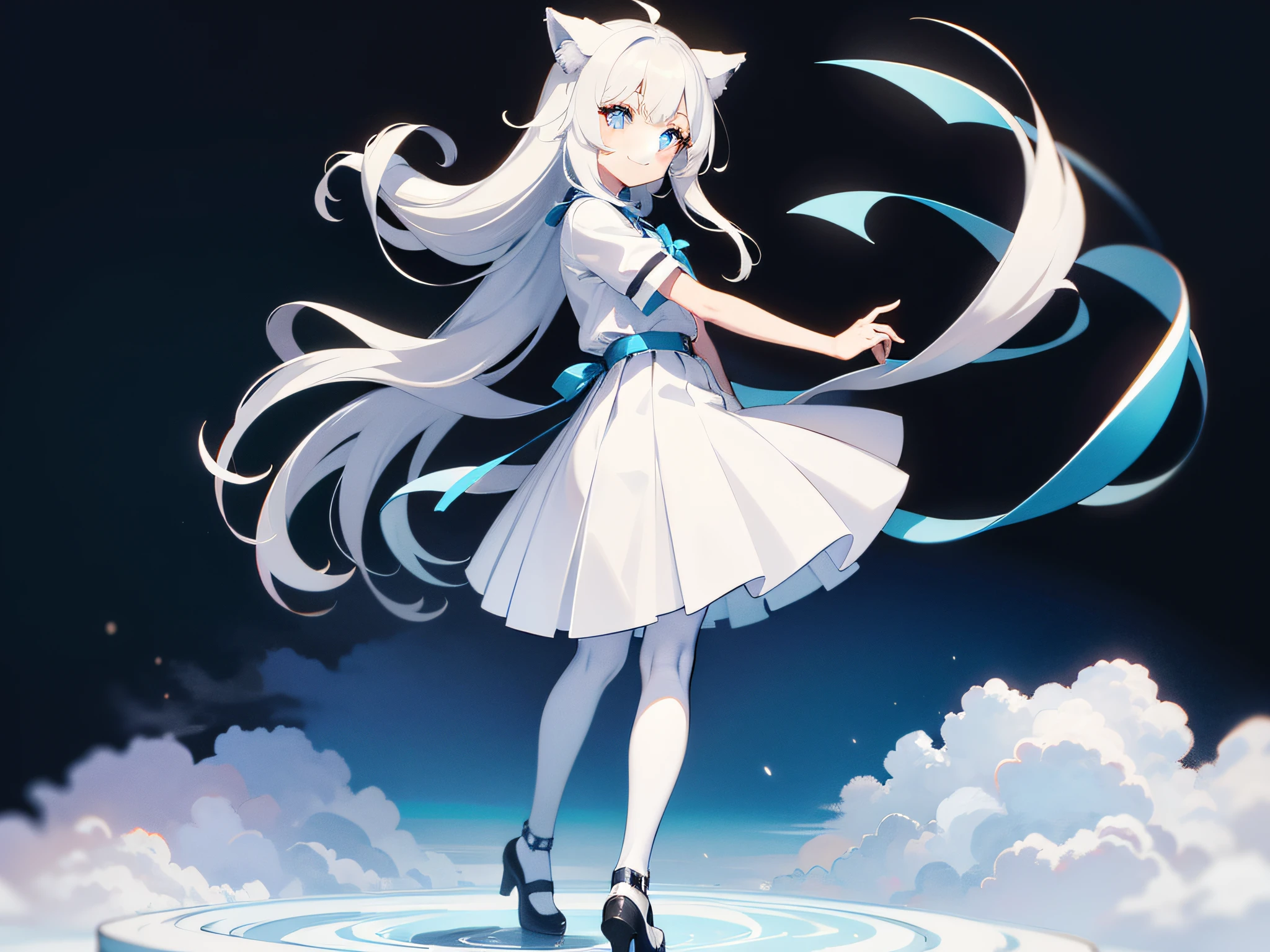 134 cm tall, Blue and white pupils, Wolf ears on the head, Small short hands white and tender, Long white hair, 7--old ears a white shirt, Blue pleated skirt and white stockings. She stood up，Smiled happily. Full body. 独奏.