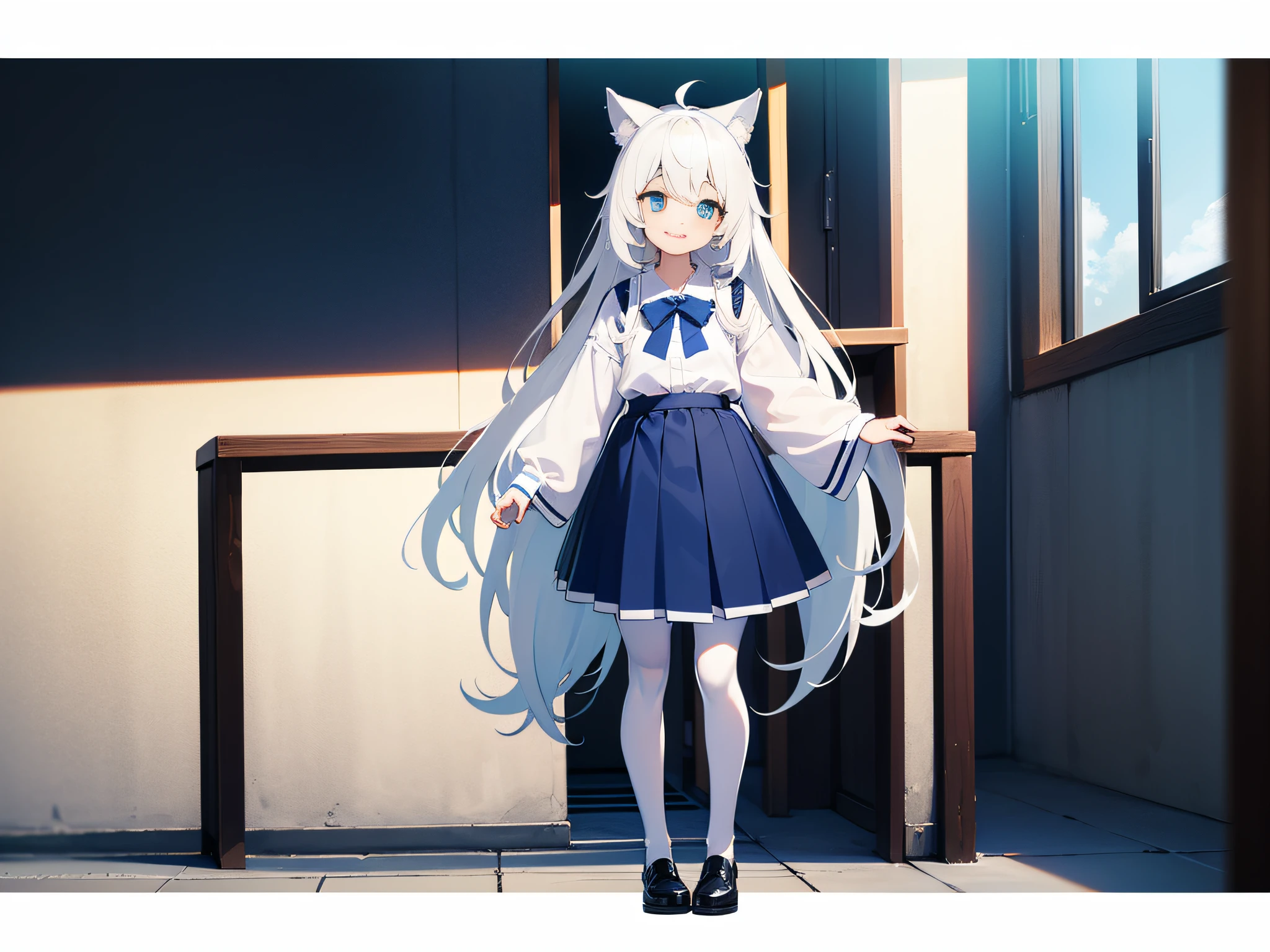 134 cm tall, Blue and white pupils, Wolf ears on the head, Small short hands white and tender, Long white hair, 7-year-old wears a white shirt, Blue pleated skirt and white stockings. She stood up,Smiled happily. Full body. 独奏.