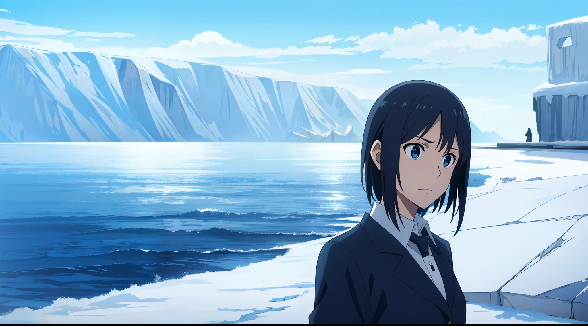 obra maestra, mejor calidad, muy detallado , 1girl, solo, cabello negro, cabello corto, ojos azules, camisa, corbata, sentado, scared, palace, cute, iglu, iceberg, estatuas con moho, estatuas antiguas de fondo, la mujer esta asustada