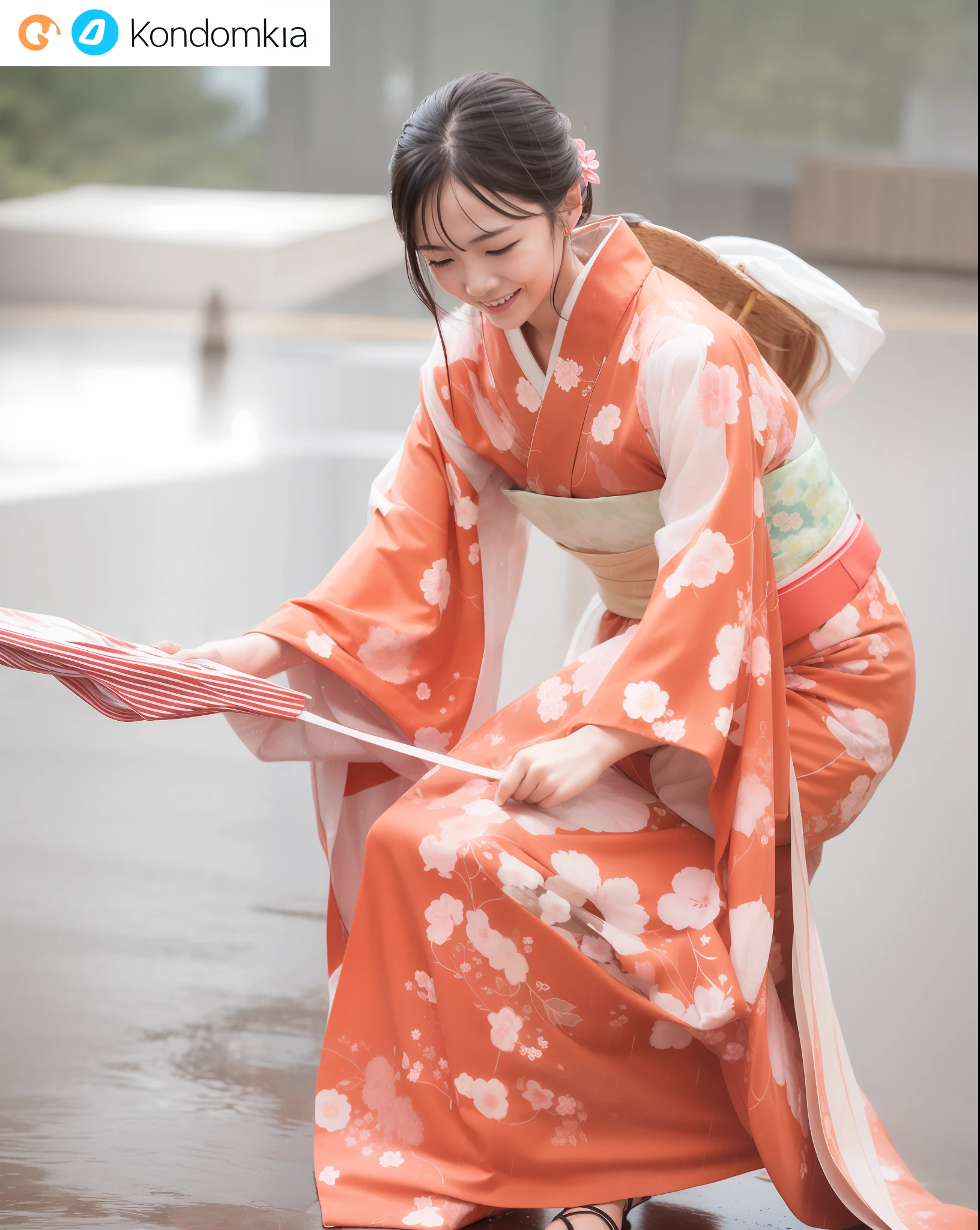 heavy raining、Kimono soaking wet、Rain dripping from kimono