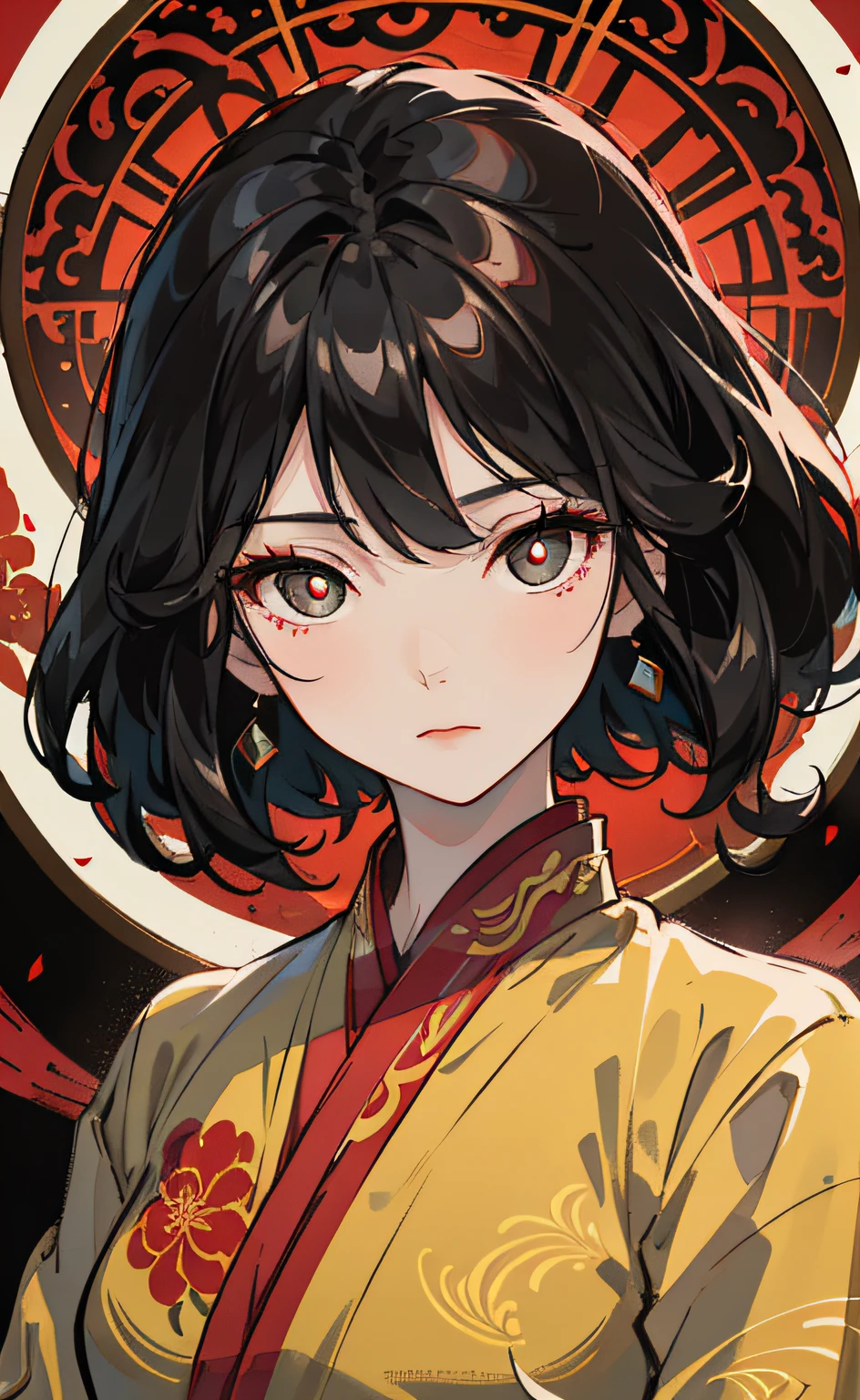 Mature girl, black hair, floating hair, delicate eyes, red pupils, heroine, black and red antique damask hanfu, FOV, f1.8, masterpiece, complex scene, gorgeous portrait shot